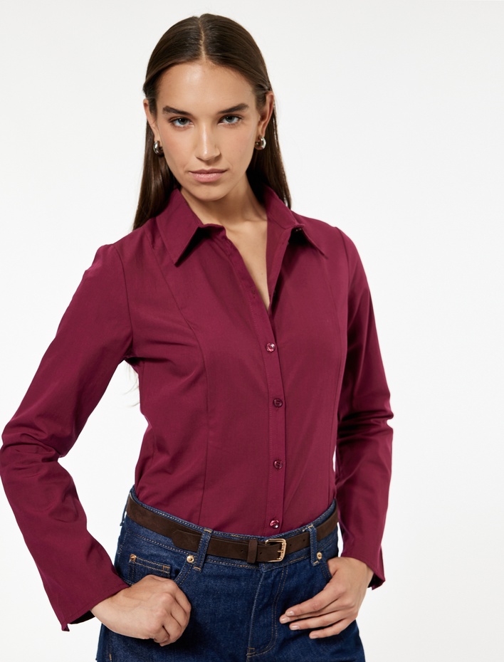  Pamuklu Uzun Kollu Slim Fit Düğmeli Klasik Yaka Gömlek