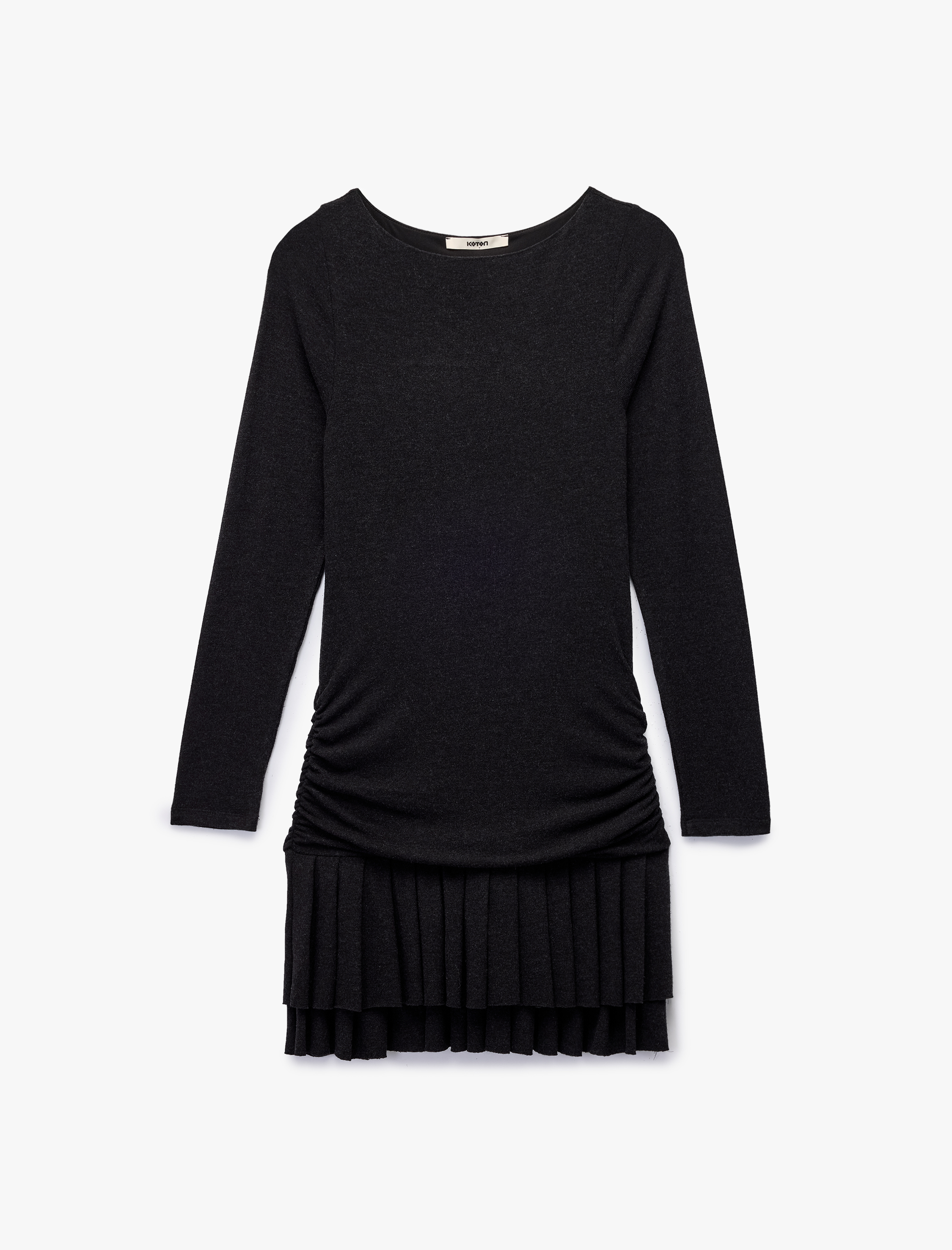   Koton X Sibil Çetinkaya - Uzun Kollu Yuvarlak Yaka Drapeli Mini Pileli Triko Elbise