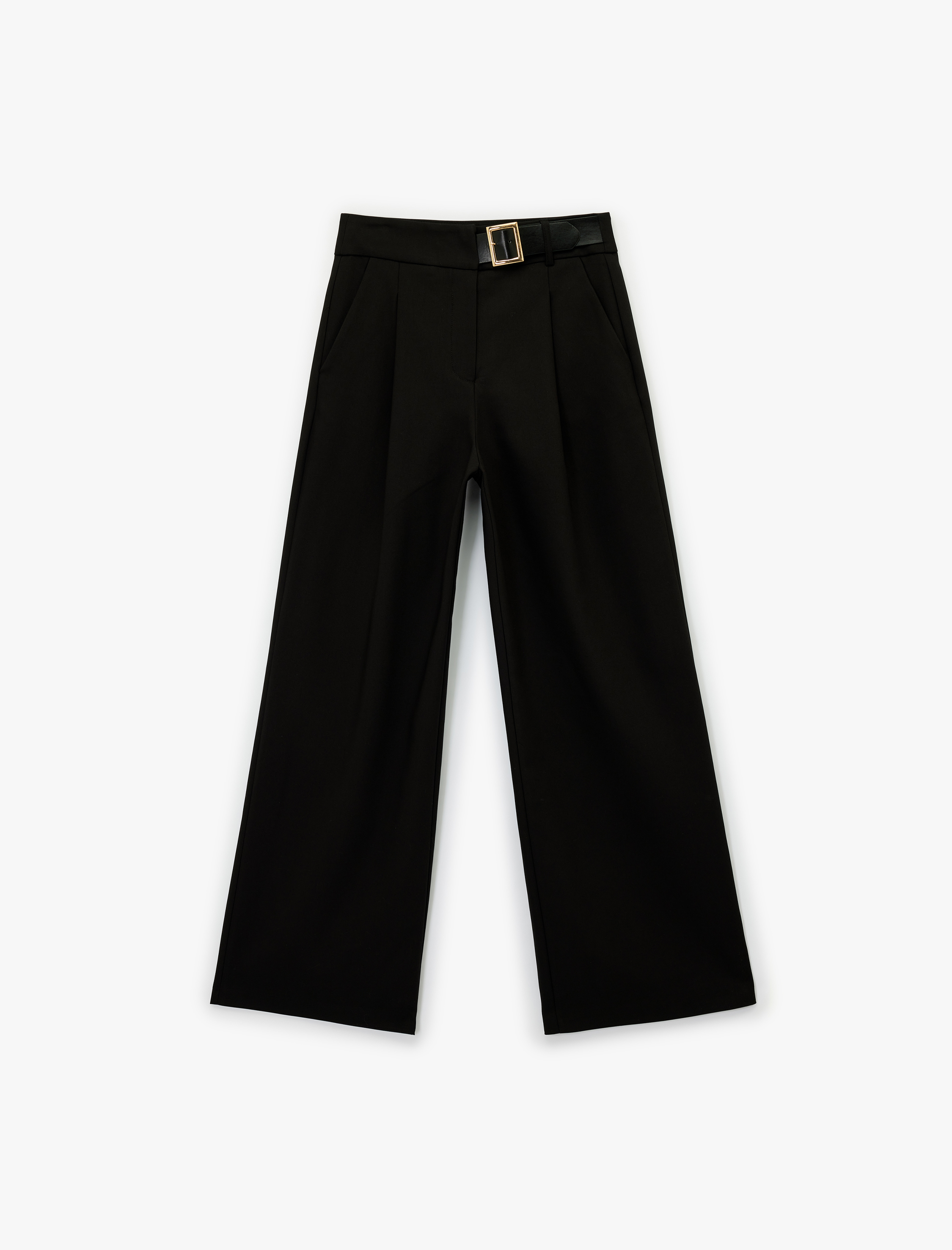   Rahat Kalıp Kemer Detaylı Cepli Normal Bel Geniş Paça Kumaş Pantolon