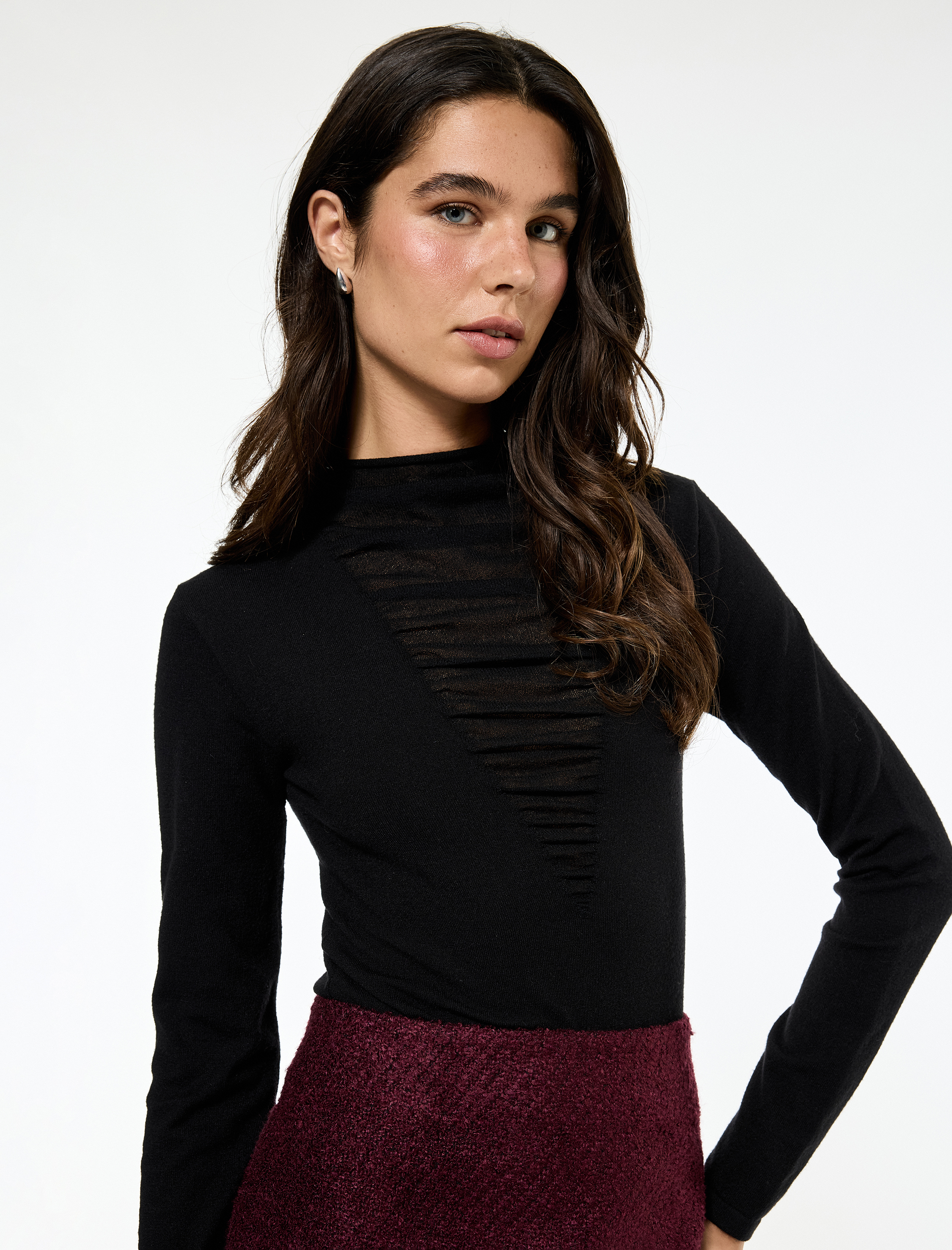   Koton X Sibil Çetinkaya - Slim Fit Uzun Kollu Dik Yaka Tül Detaylı Triko Kazak