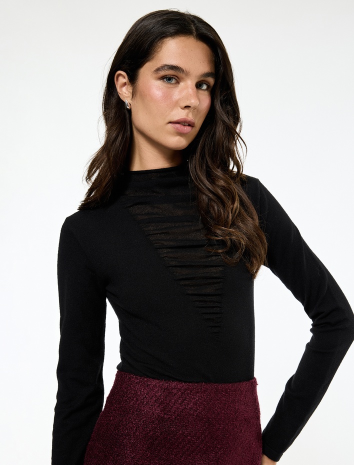  Koton X Sibil Çetinkaya - Slim Fit Uzun Kollu Dik Yaka Tül Detaylı Triko Kazak