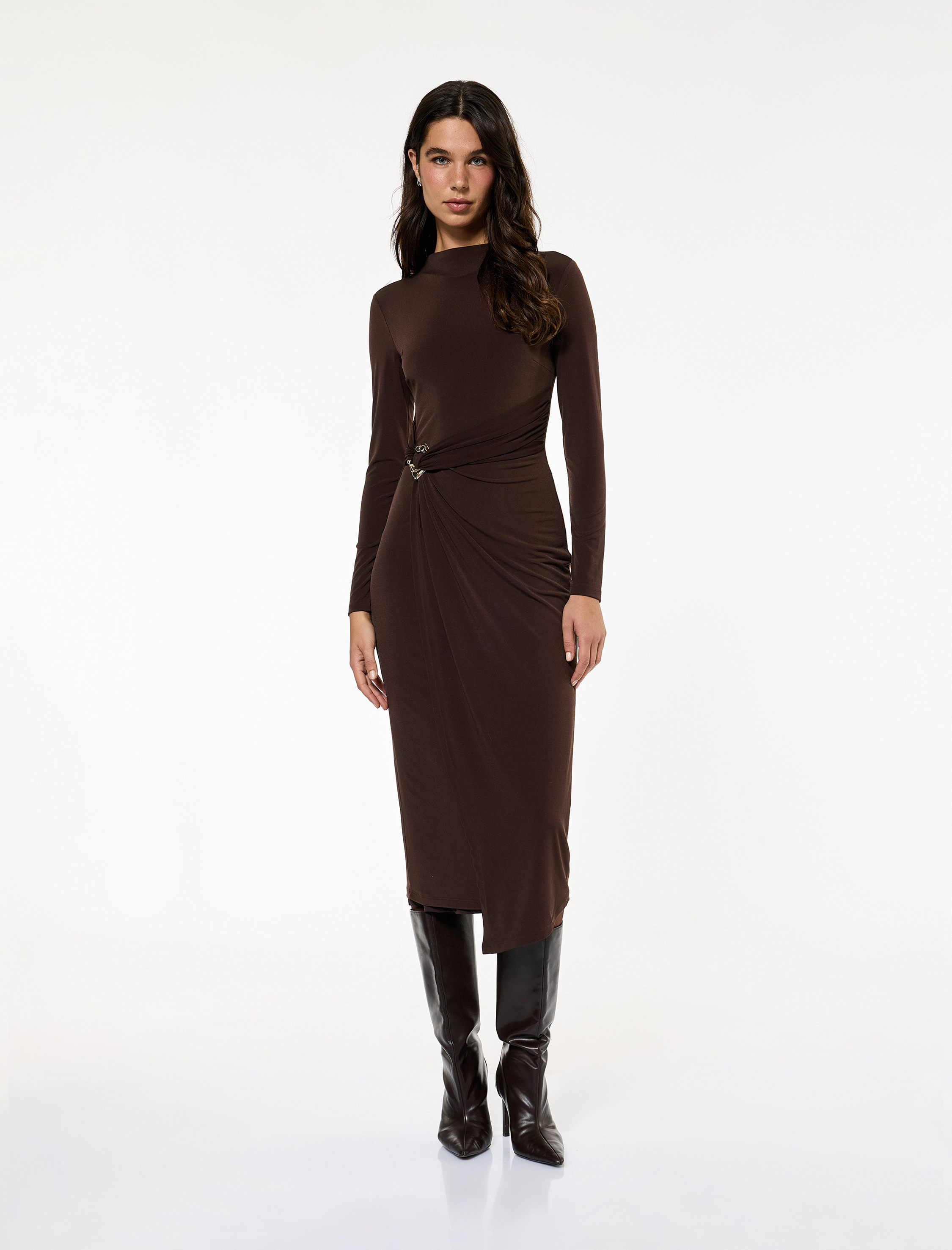   Koton X Sibil Çetinkaya - Uzun Kollu Dik Yaka Metal Aksesuarlı Slim Fit Maxi Elbise