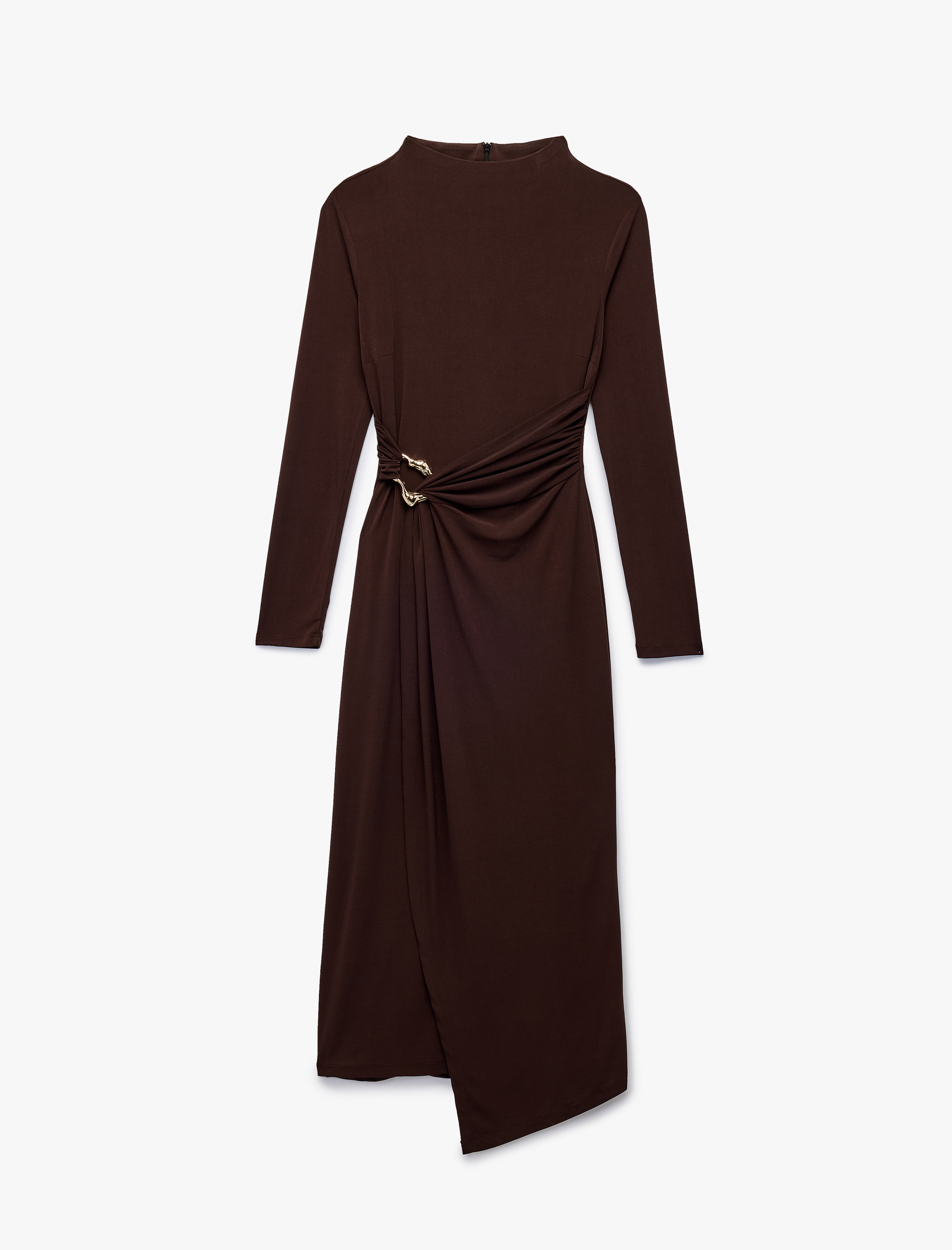   Koton X Sibil Çetinkaya - Uzun Kollu Dik Yaka Metal Aksesuarlı Slim Fit Maxi Elbise