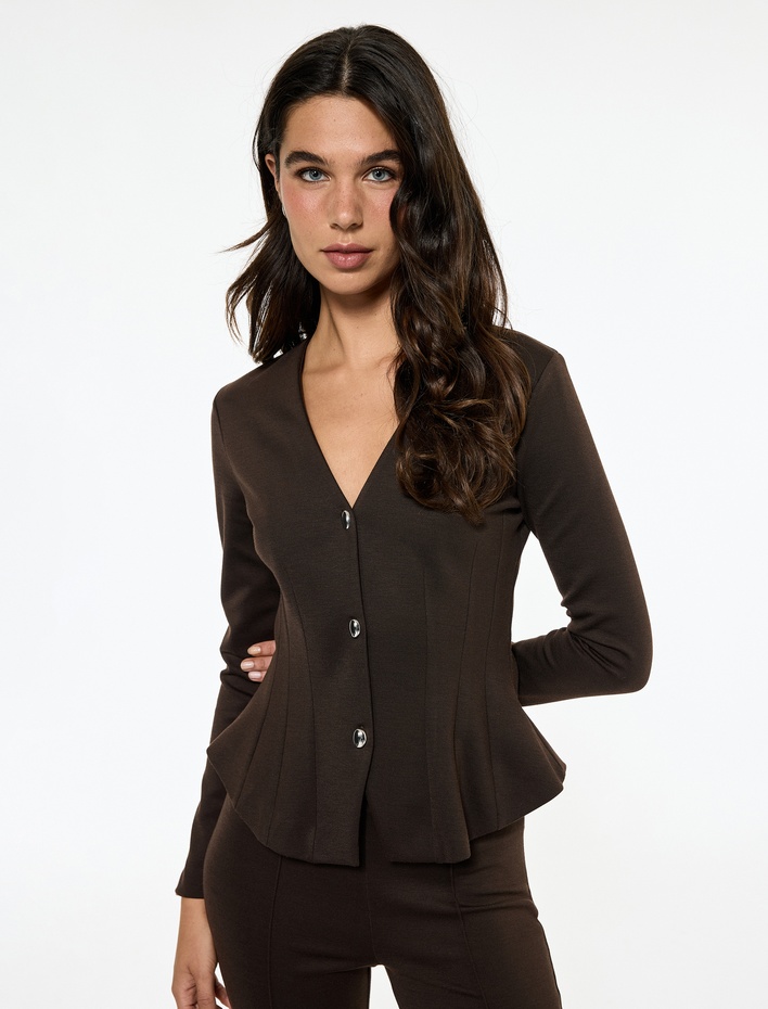  Koton X Sibil Çetinkaya - Slim Fit Uzun Kollu V Yaka Düğmeli Peplum Bluz