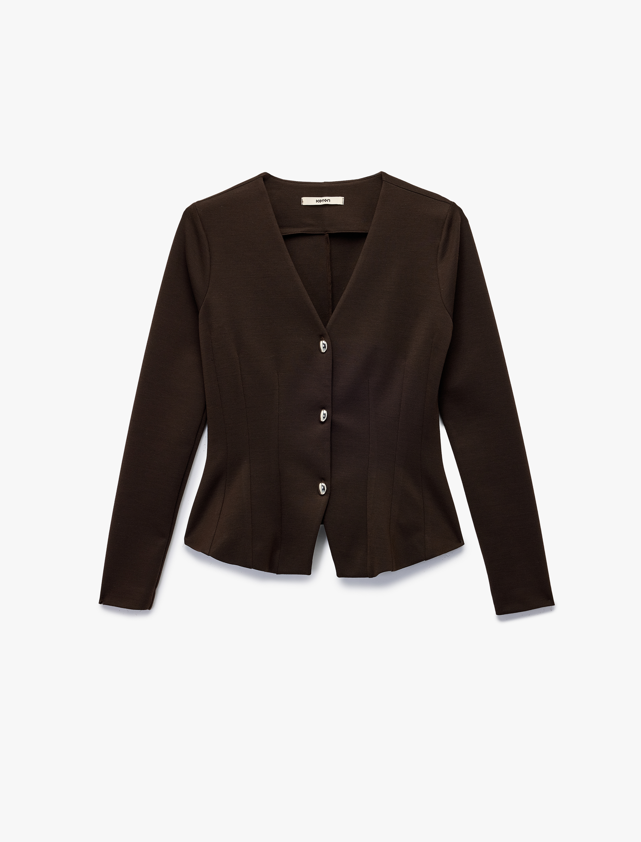   Koton X Sibil Çetinkaya - Slim Fit Uzun Kollu V Yaka Düğmeli Peplum Bluz