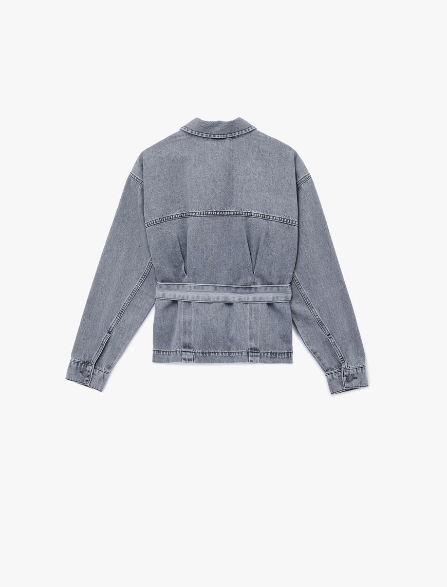   Pamuklu Cep Detaylı Uzun Kollu Klasik Yaka Kemerli Denim Ceket