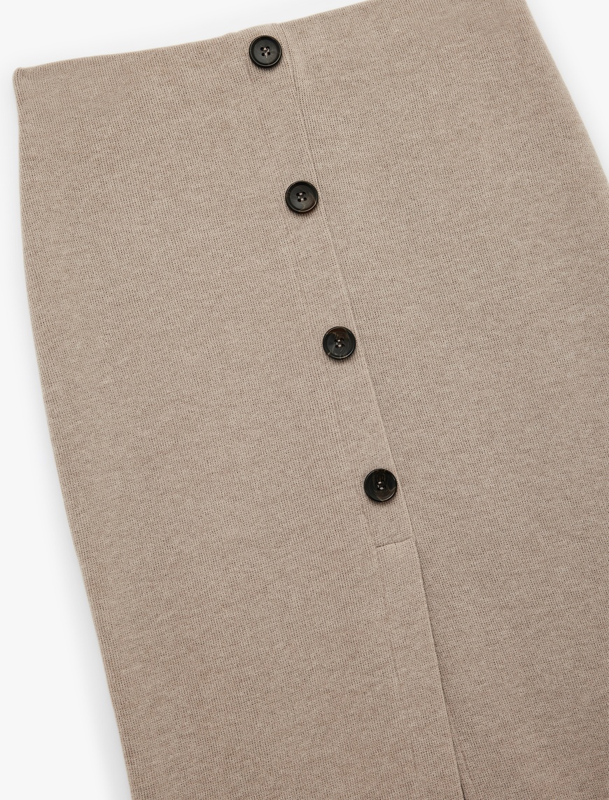   Slim Fit Düğmeli Yırtmaç Detaylı Midi Triko Kalem Etek
