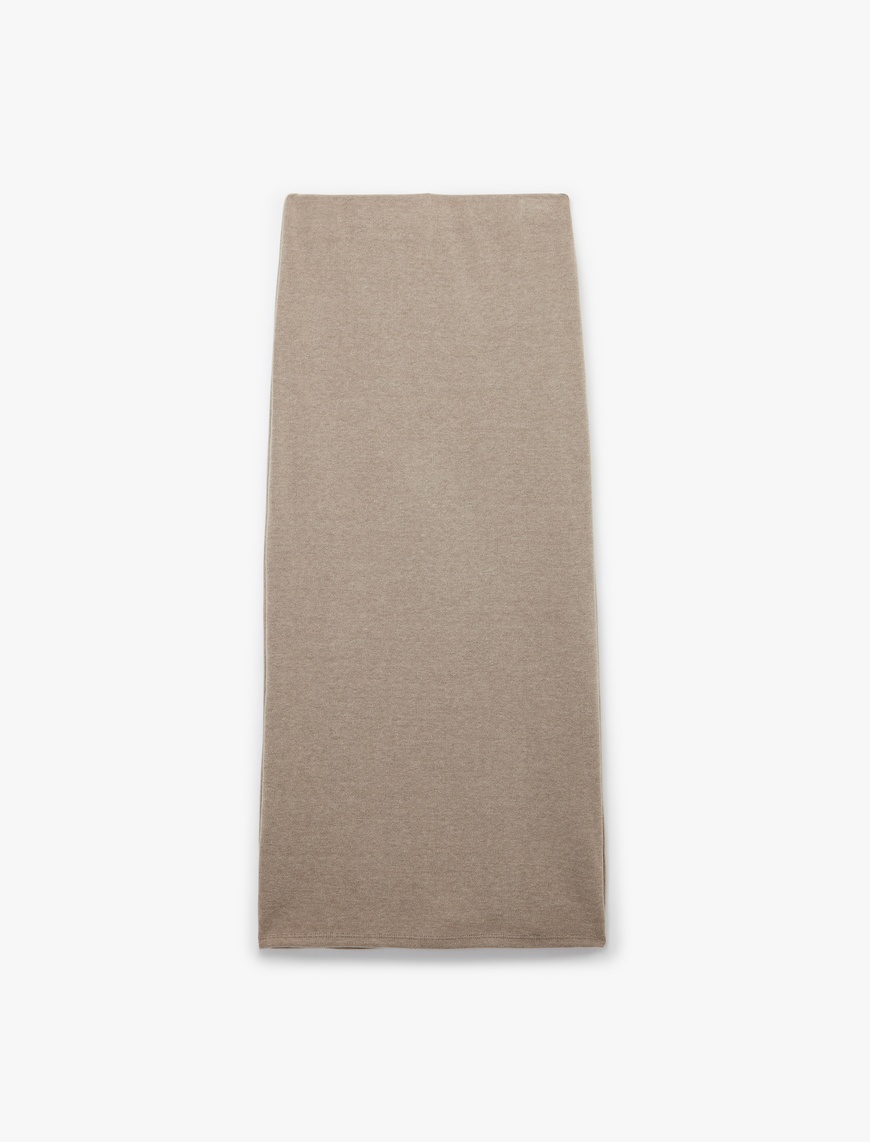   Slim Fit Düğmeli Yırtmaç Detaylı Midi Triko Kalem Etek