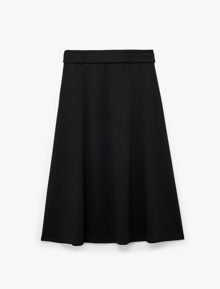  Krep Scuba Kumaş Kemer Detaylı Midi Kloş Etek