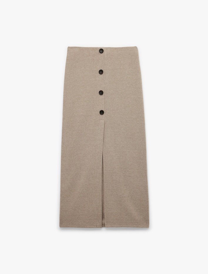  Slim Fit Düğmeli Yırtmaç Detaylı Midi Triko Kalem Etek
