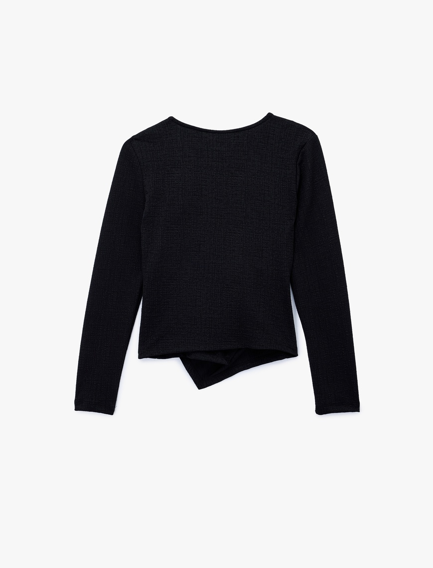   Metal Aksesuarlı Uzun Kollu Slim Fit Bürümcük Kruvaze Yaka Bluz