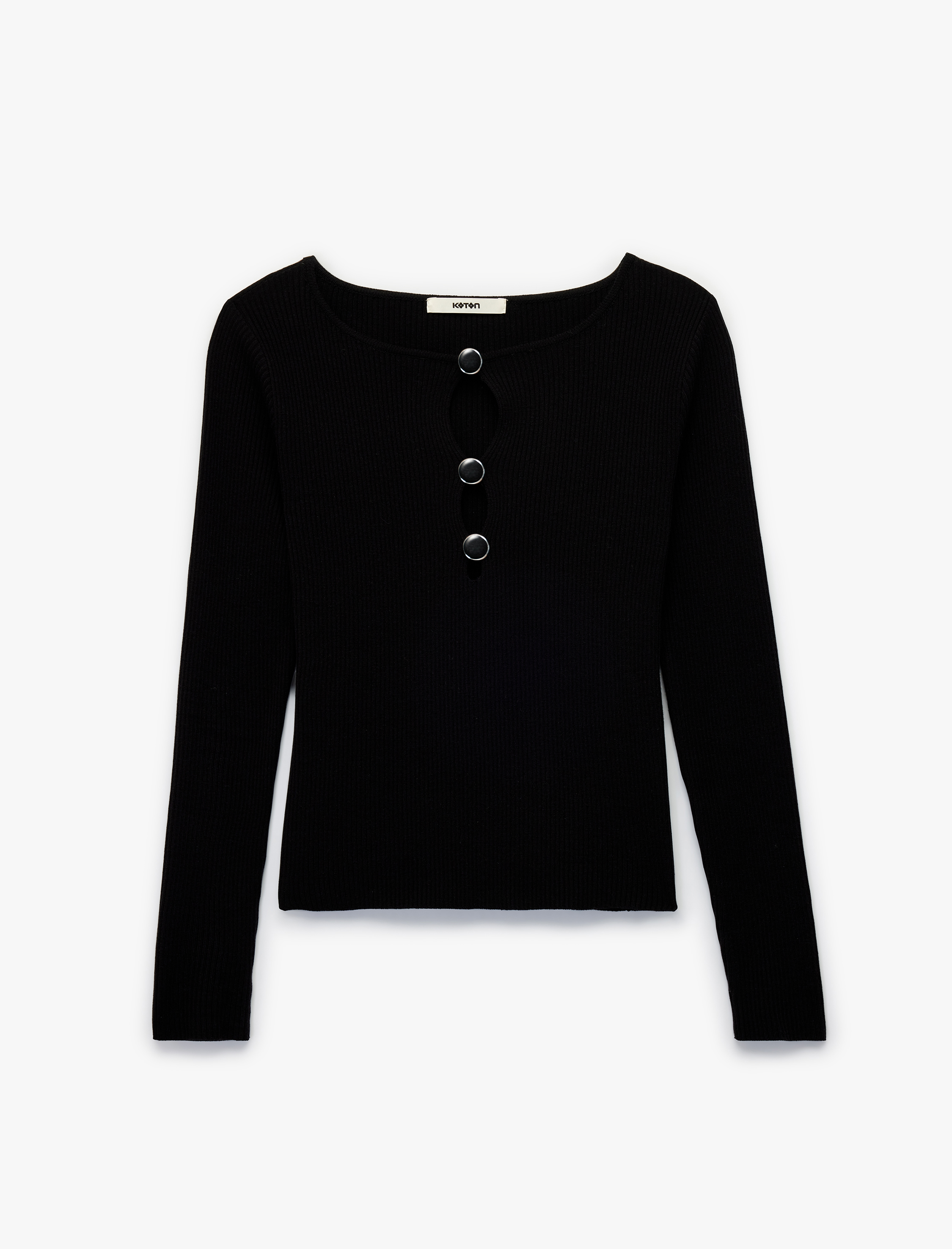   Uzun Kollu Yuvarlak Yaka Aksesuarlı Pencere Detaylı Triko Kazak