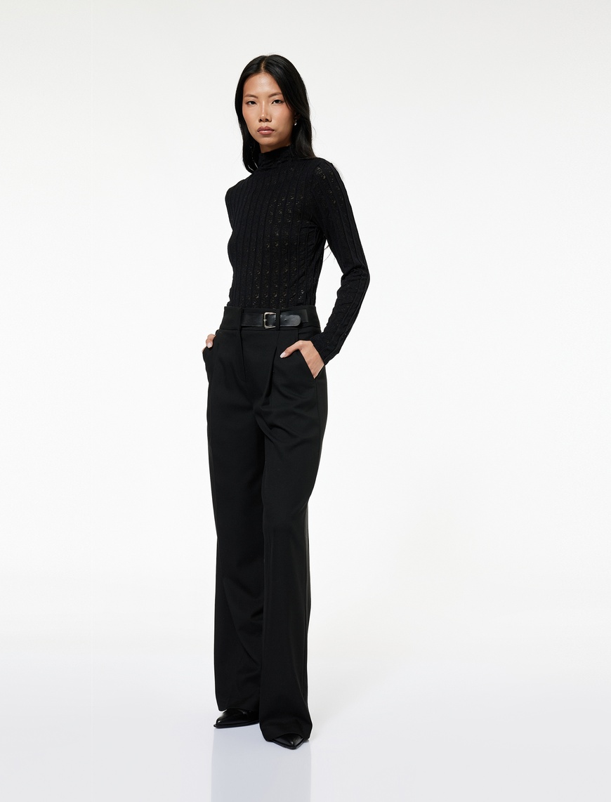   Koton X Sibil Çetinkaya - Straight Fit Yarım Kemer Detaylı Cepli Kumaş Pantolon