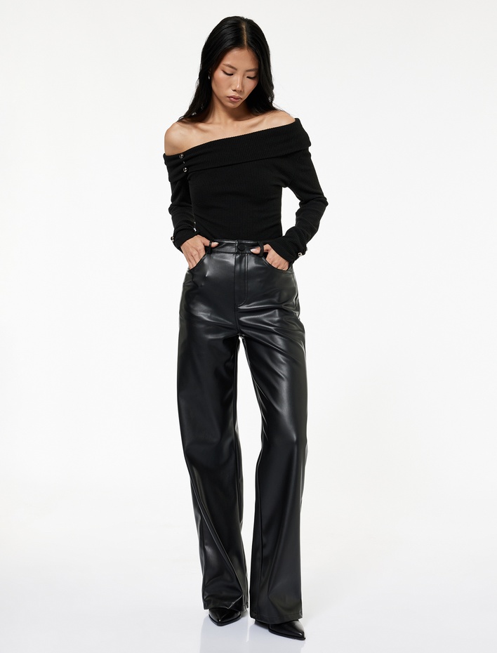  Koton X Sibil Çetinkaya - Cepli Düz Paça Suni Deri Pantolon