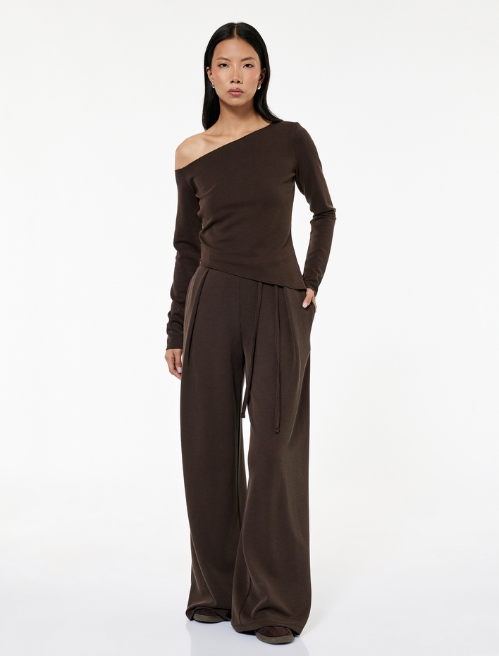  Koton X Sibil Çetinkaya - Düşük Bel Düz Geniş Paça Fitilli Pantolon