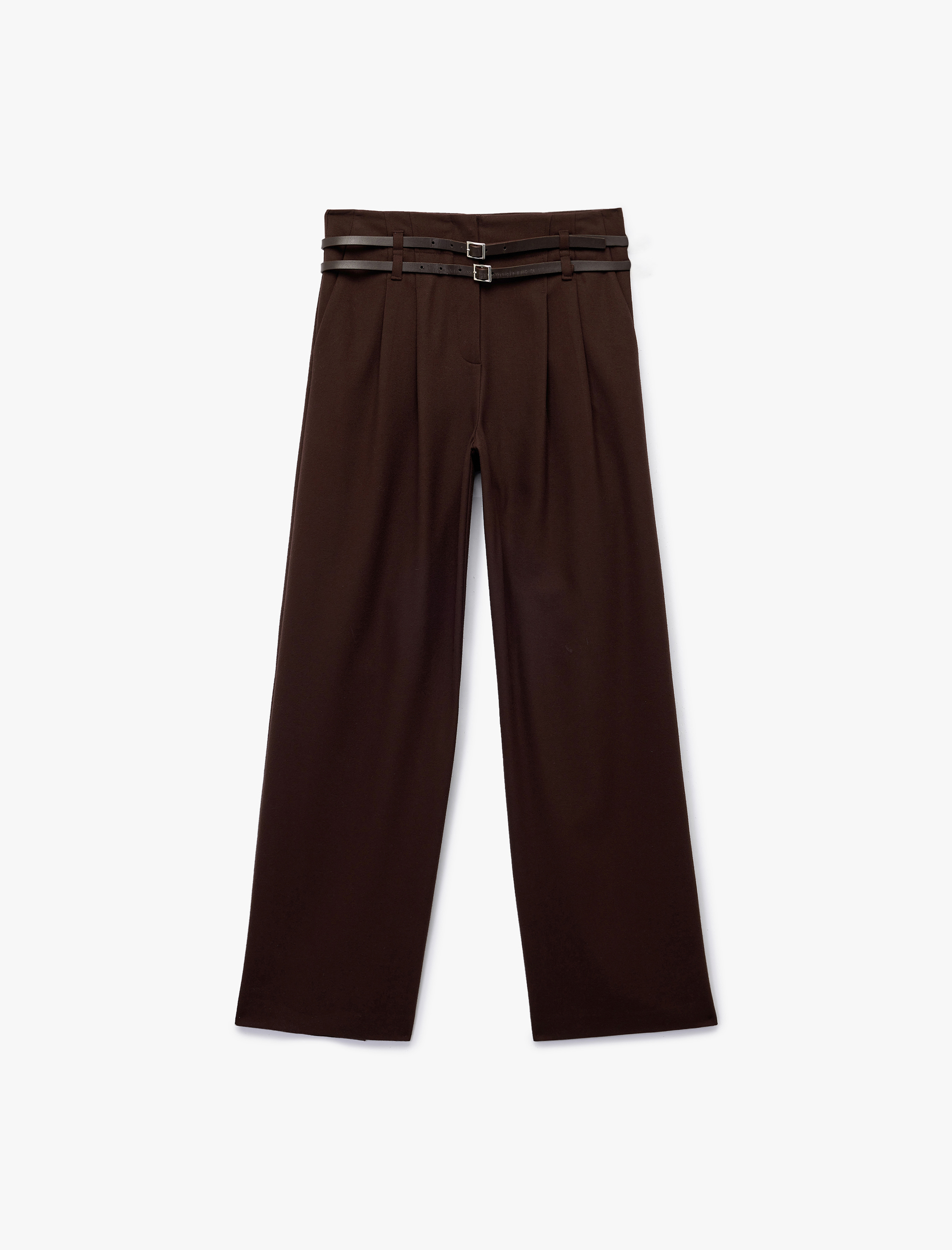   Koton X Sibil Çetinkaya - Kemerli Cepli Yüksek Bel Düz Bol Paça Kumaş Pantolon