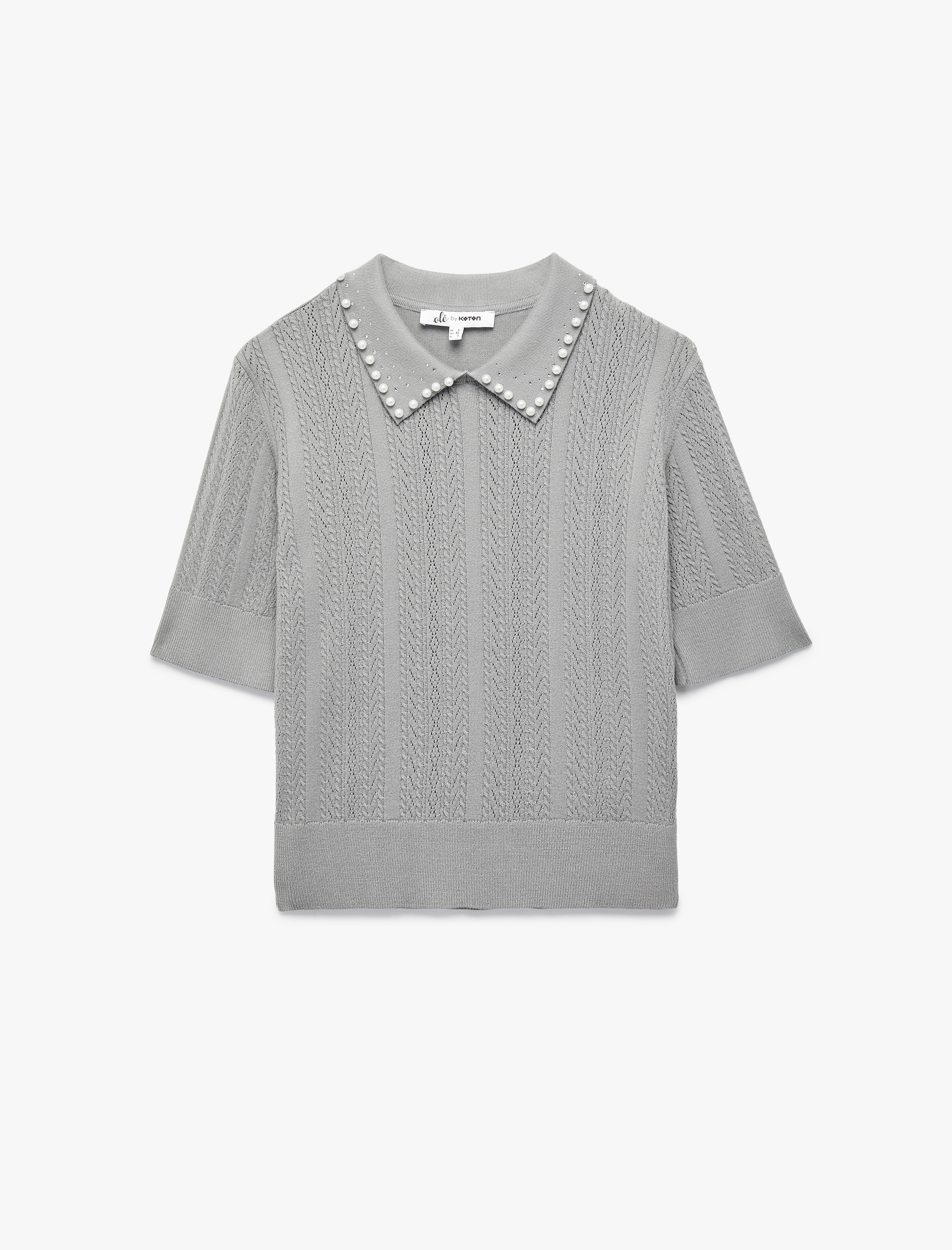   Triko Polo Yaka İnci Detaylı Kısa Kollu Kazak