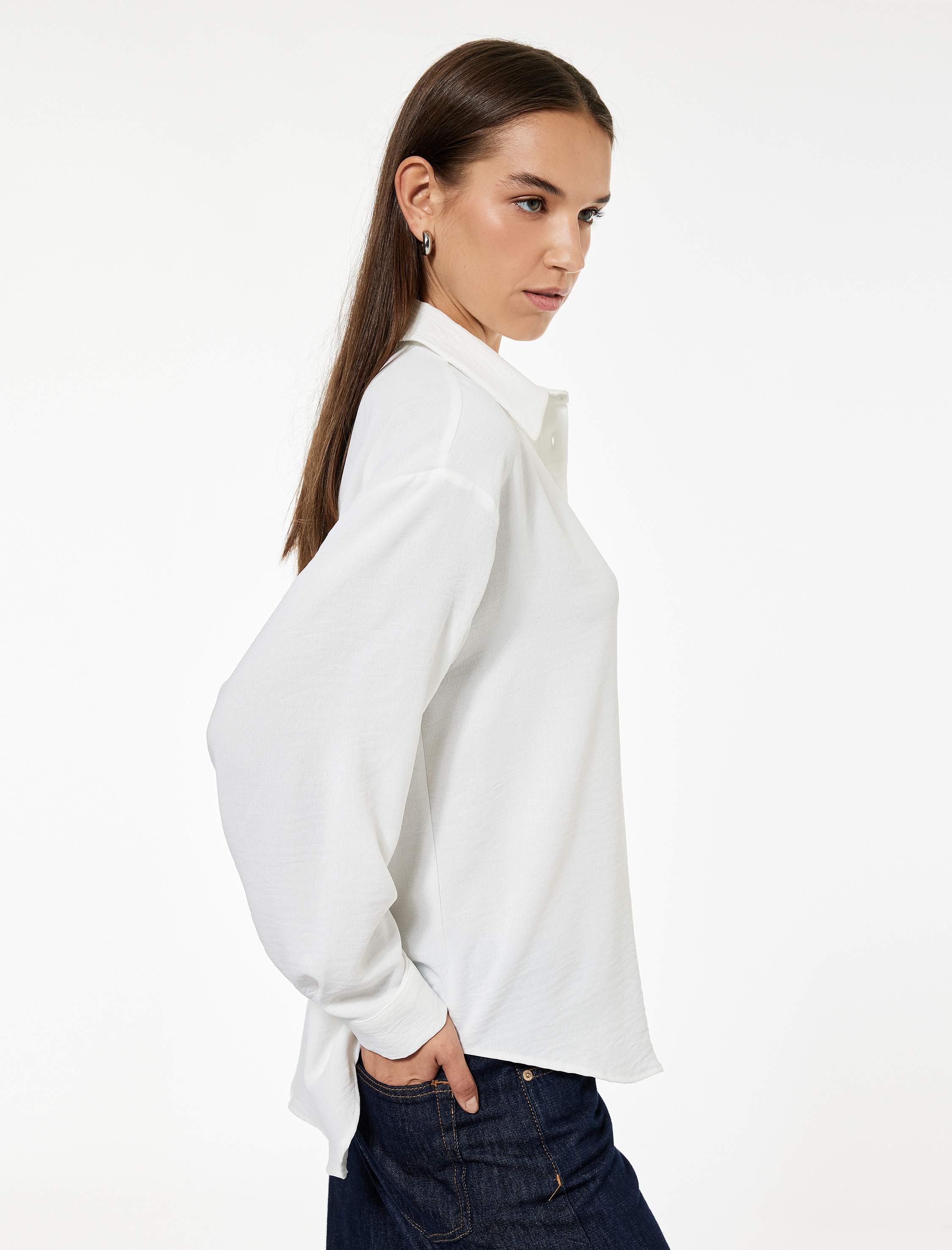   Aerobin Kumaş Düğmeli Klasik Yaka Uzun Kollu Oversize Gömlek