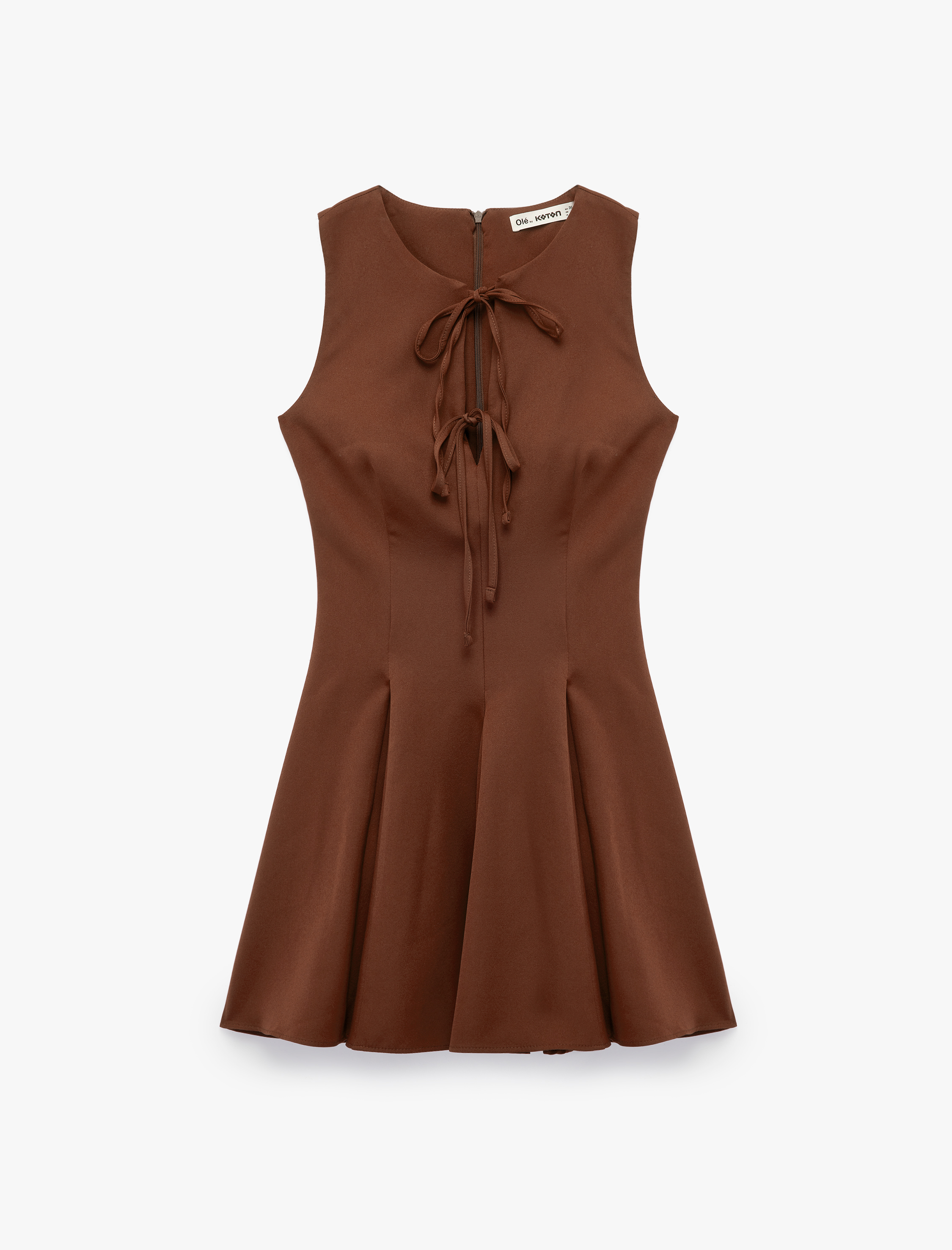   Bağcıklı Fiyonklu Yaka Kolsuz A Kesim Mini Elbise