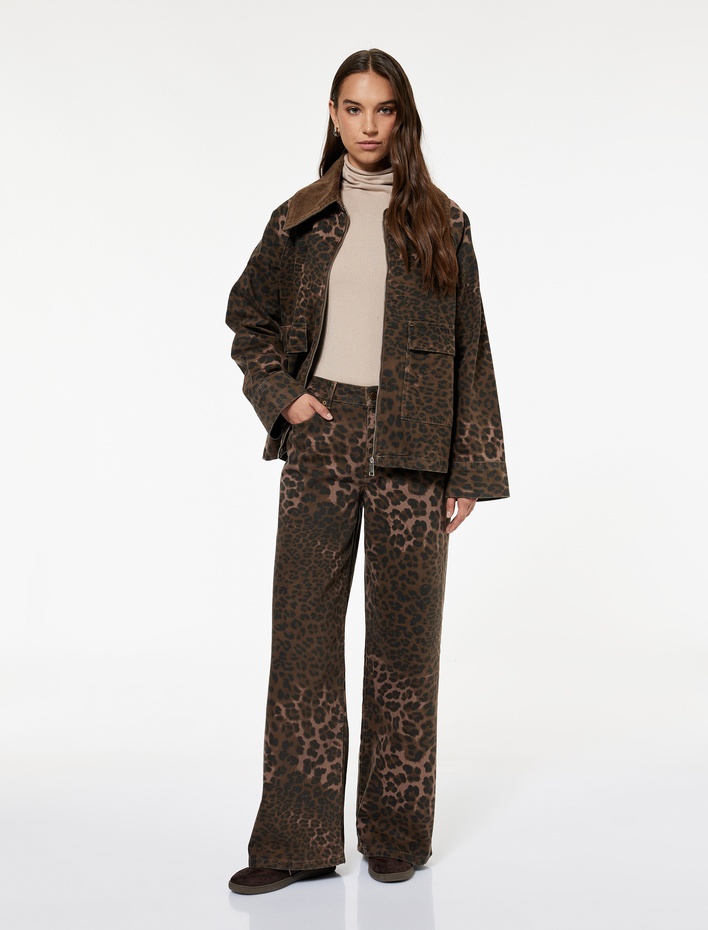  Leopar Desenli Bol Kalıp Jean Pantolon - Loose Straight Fit Jean