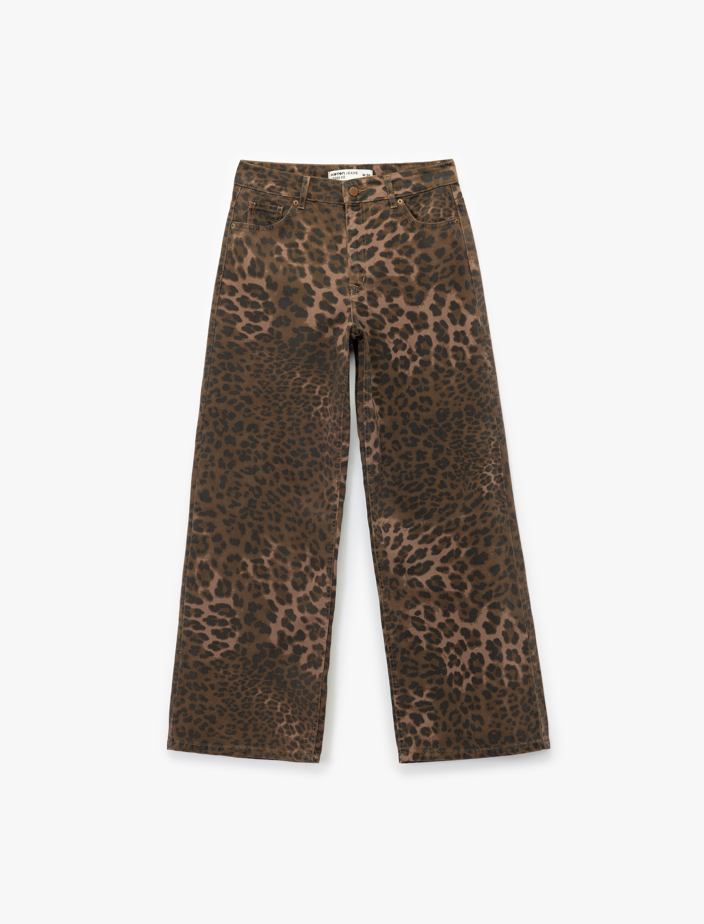   Leopar Desenli Bol Kalıp Jean Pantolon - Loose Straight Fit Jean
