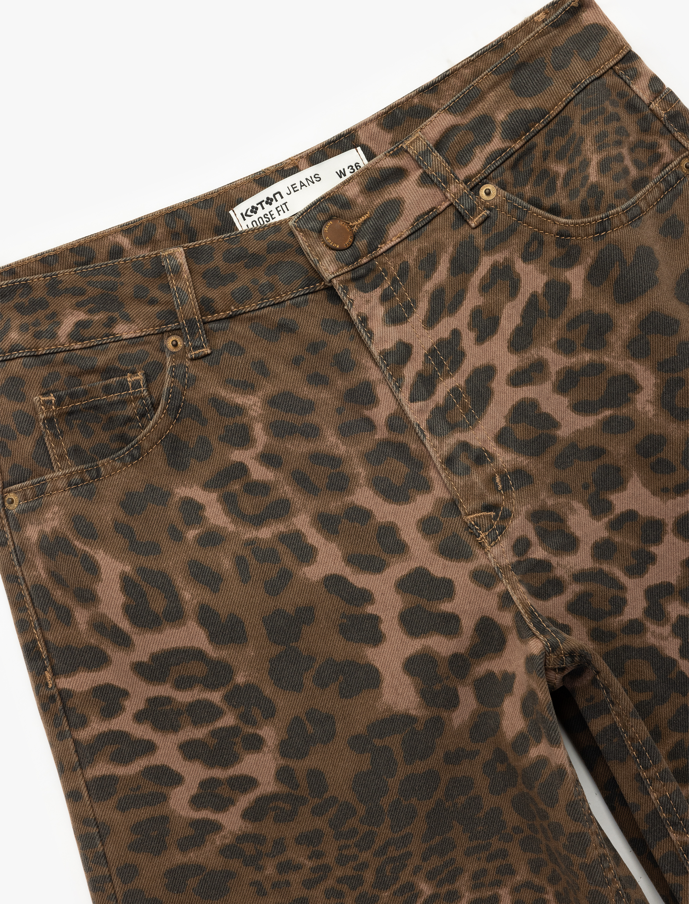   Leopar Desenli Bol Kalıp Jean Pantolon - Loose Straight Fit Jean
