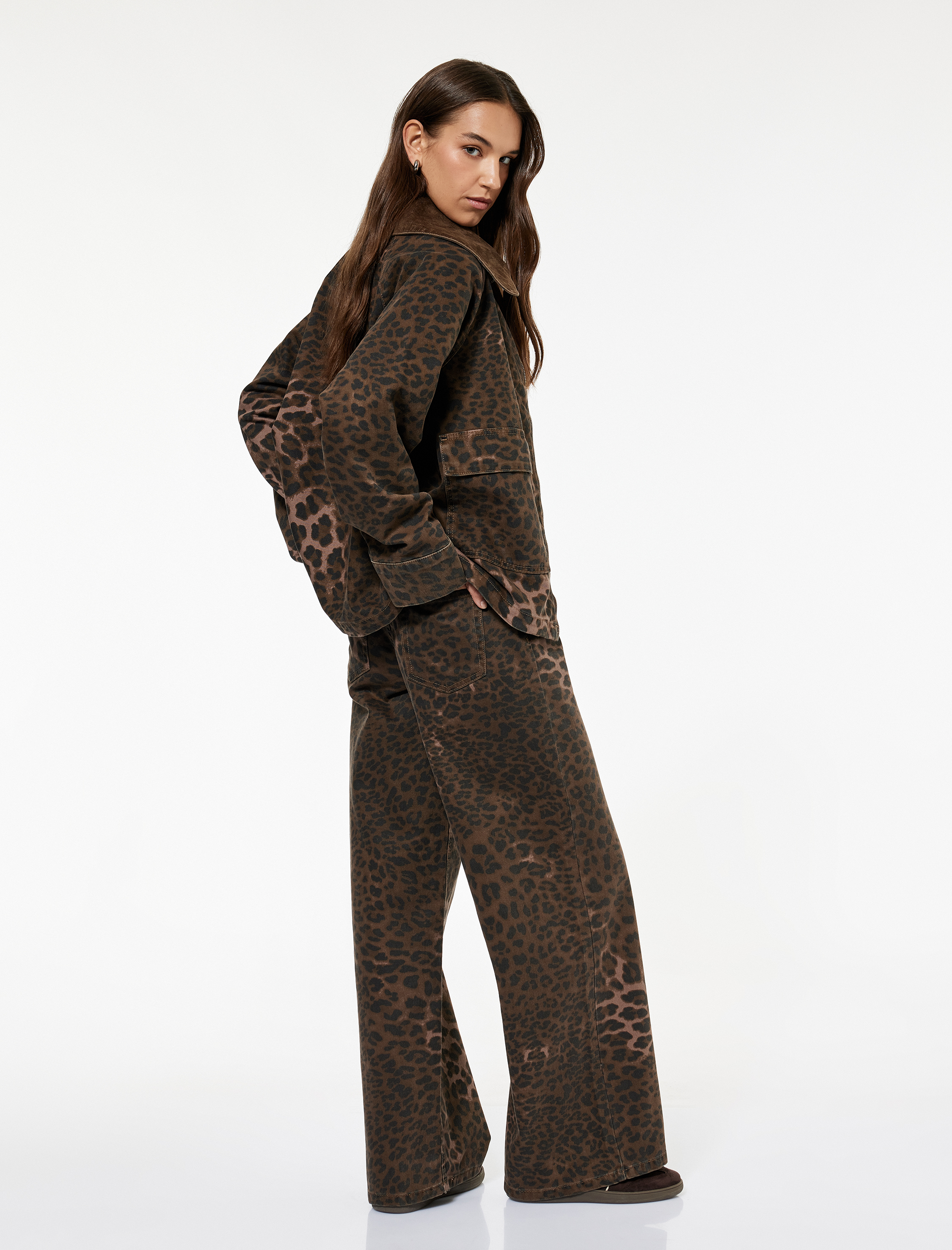   Leopar Desenli Bol Kalıp Jean Pantolon - Loose Straight Fit Jean