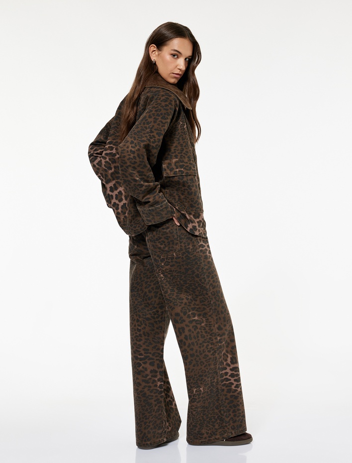  Leopar Desenli Bol Kalıp Jean Pantolon - Loose Straight Fit Jean