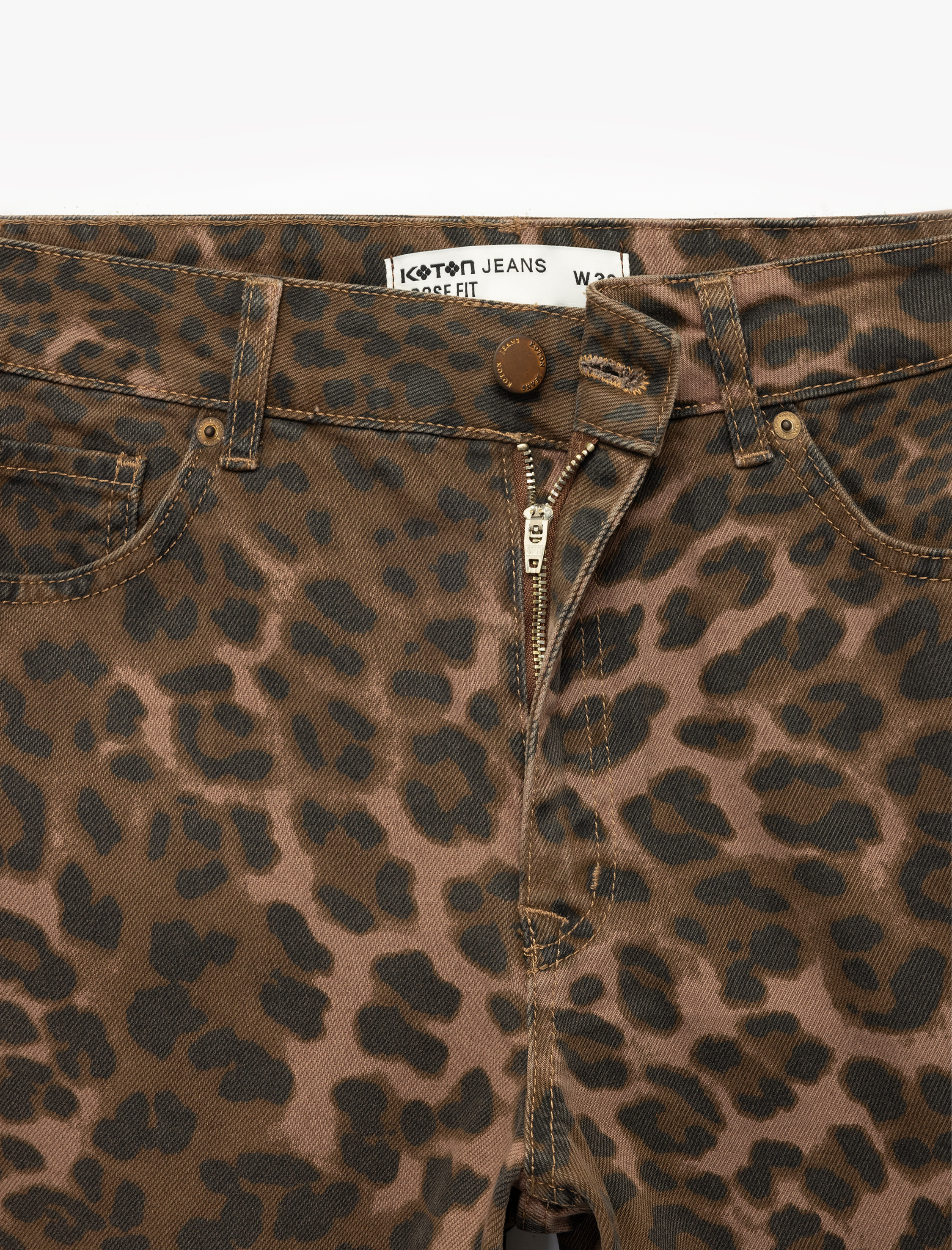   Leopar Desenli Bol Kalıp Jean Pantolon - Loose Straight Fit Jean