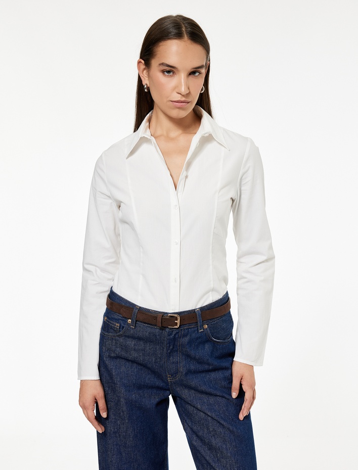  Pamuklu Uzun Kollu Slim Fit Düğmeli Klasik Yaka Gömlek