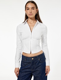 Klasik Yaka Korse Görünümlü Slim Fit Uzun Kollu Crop Fermuarlı Gömlek