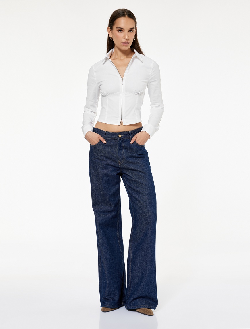   Klasik Yaka Korse Görünümlü Slim Fit Uzun Kollu Crop Fermuarlı Gömlek