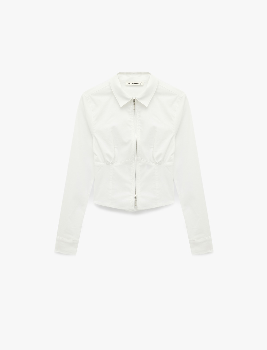   Klasik Yaka Korse Görünümlü Slim Fit Uzun Kollu Crop Fermuarlı Gömlek