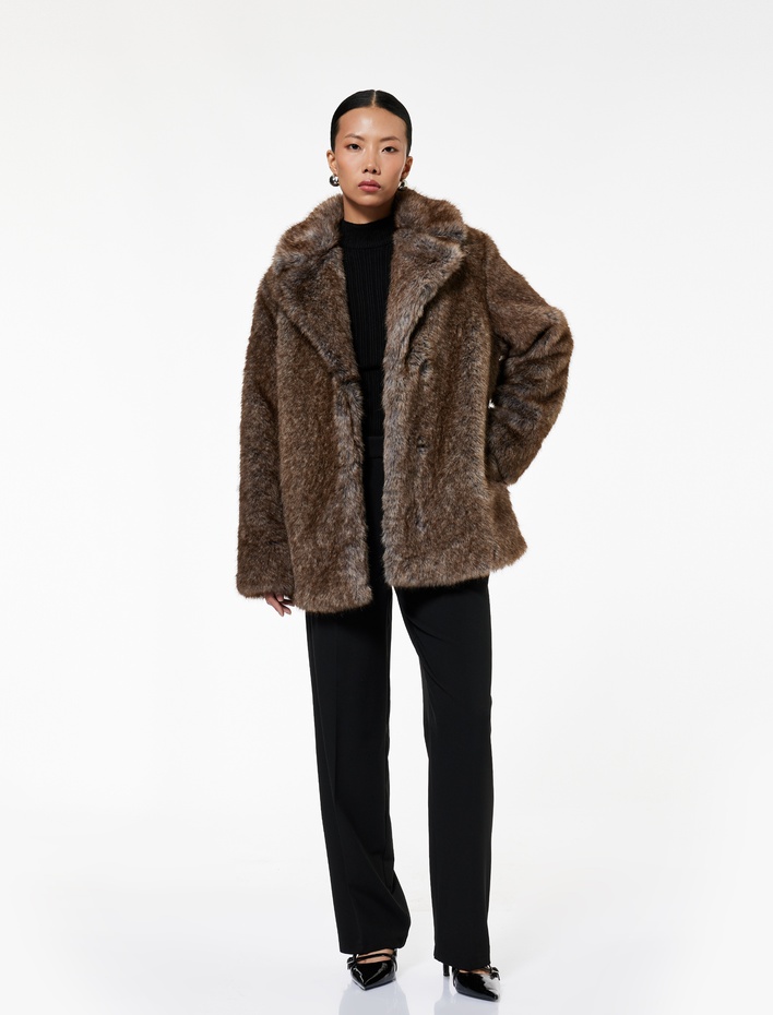  Koton X Melis Ağazat - Düğmeli Uzun Kollu Suni Kürk Kaban