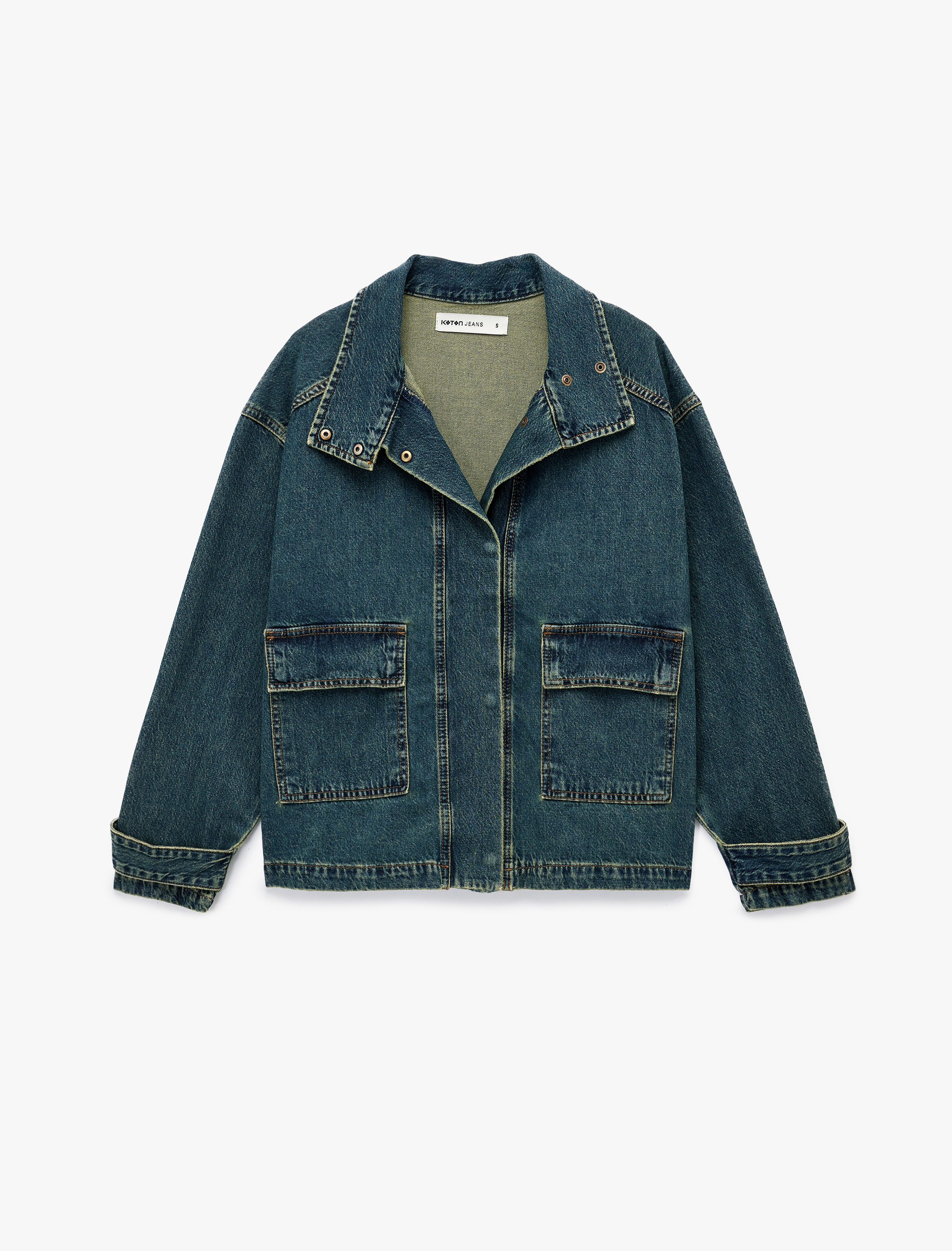   Pamuklu Uzun Kollu Dik Yaka Cep Detaylı Düğmeli Denim Ceket