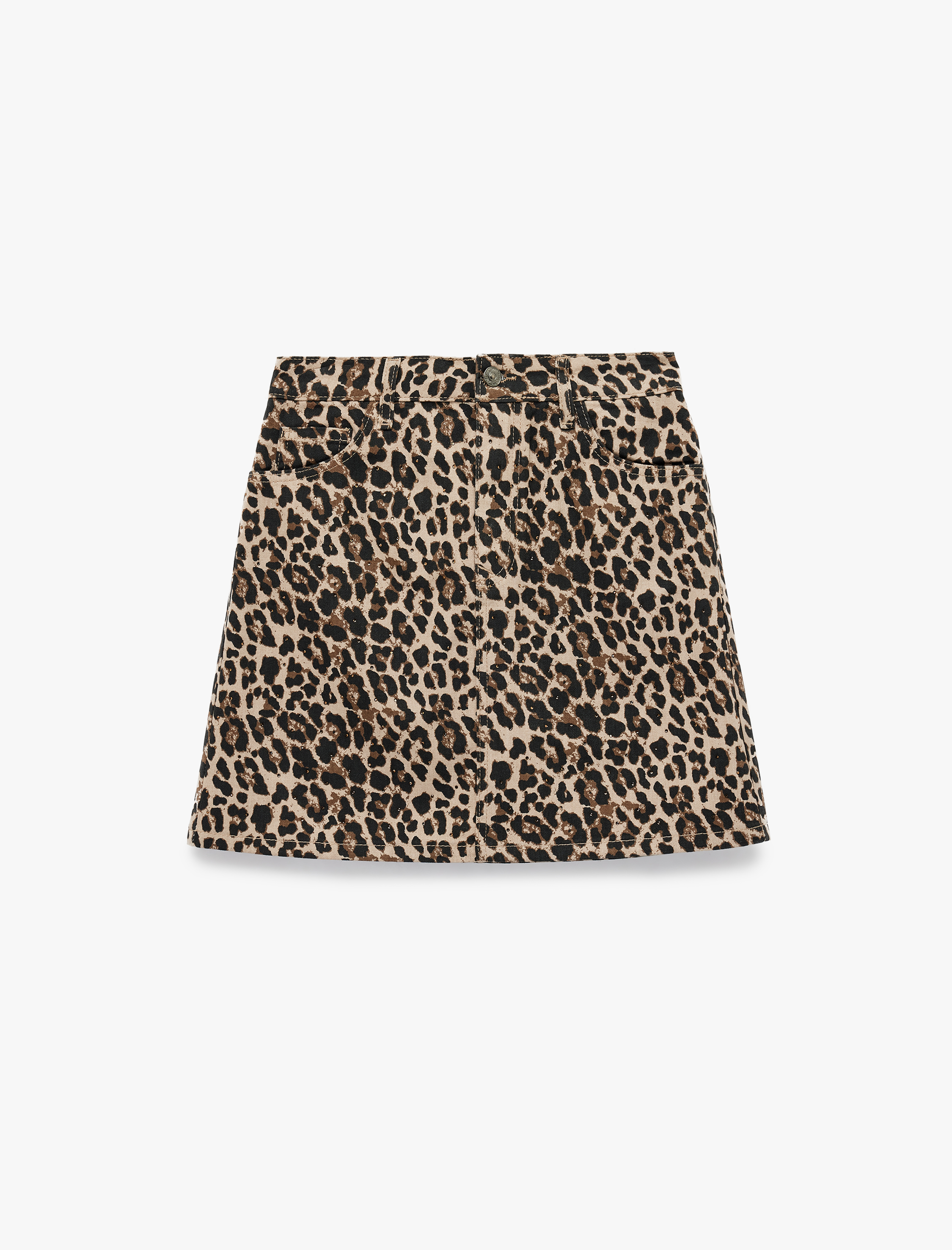   Yüksek Bel Leopar Desenli Taş Detaylı Mini Etek