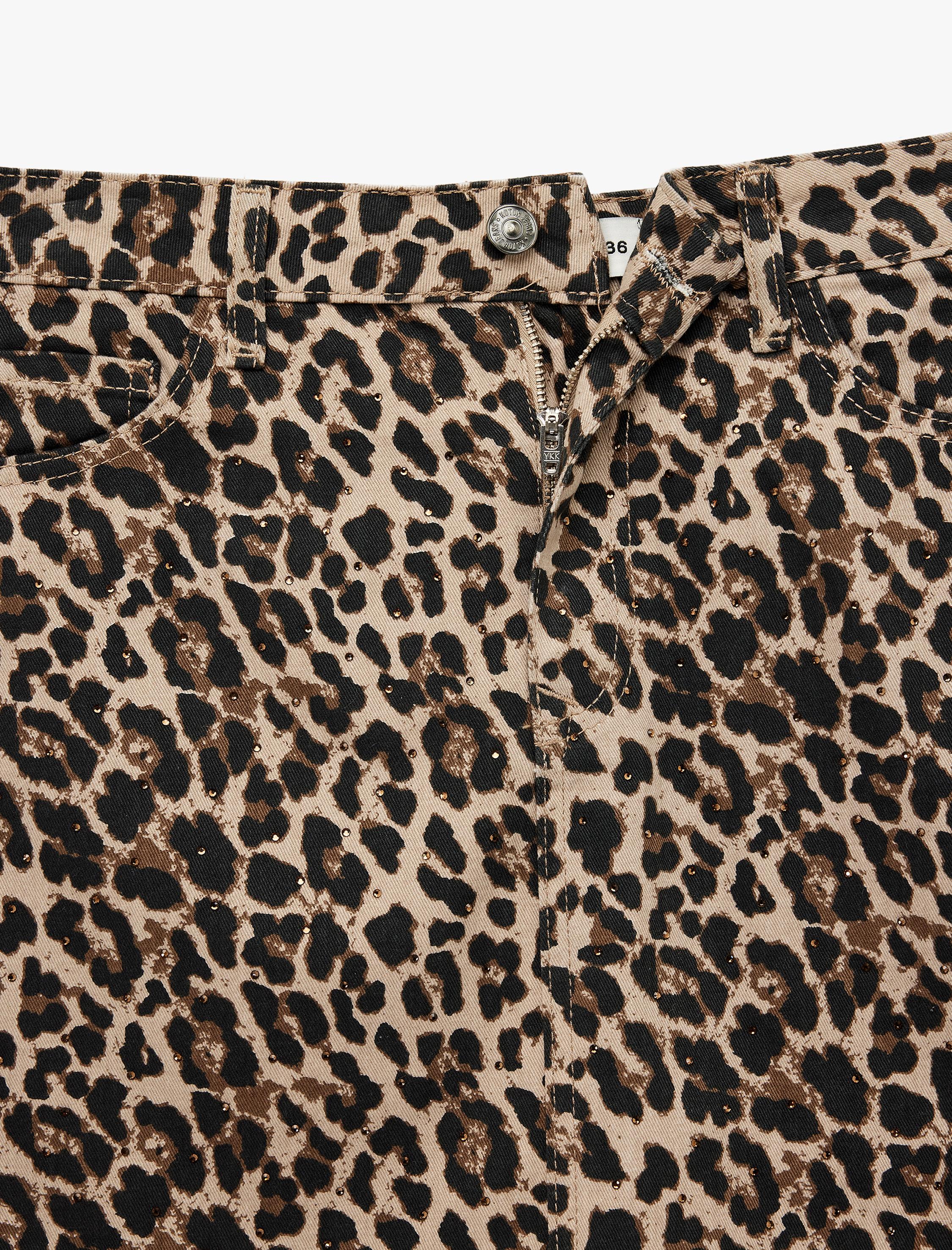   Yüksek Bel Leopar Desenli Taş Detaylı Mini Etek