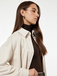 Uzun Kollu Klasik Yaka Çıtçıt Düğmeli Cepli Oversize Süet Görünümlü Ceket