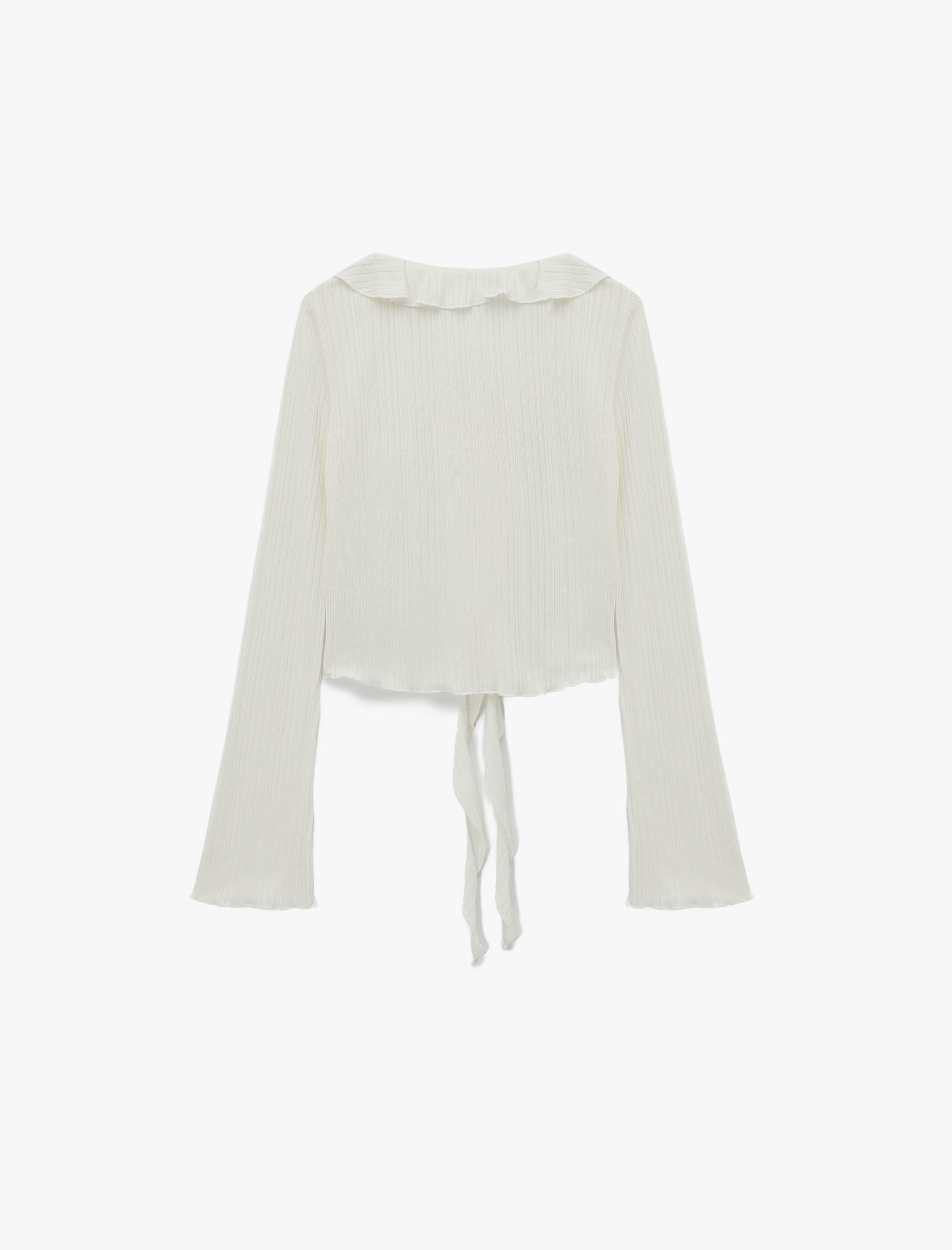   Viskon Karışımlı Fırfır Detaylı Düğmeli V Yaka Slim Fit Uzun Kollu Tişört