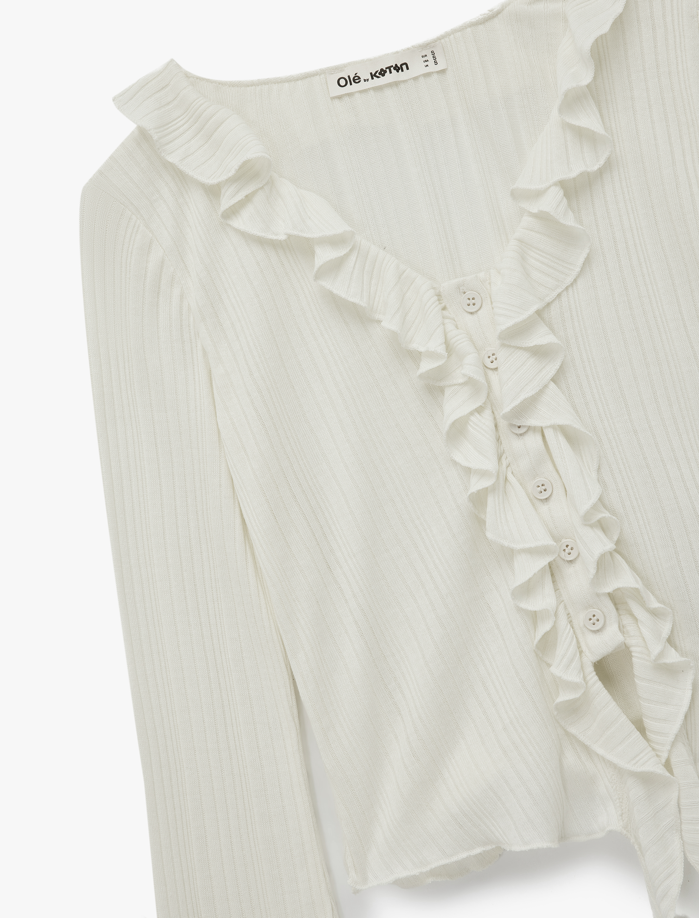   Viskon Karışımlı Fırfır Detaylı Düğmeli V Yaka Slim Fit Uzun Kollu Tişört