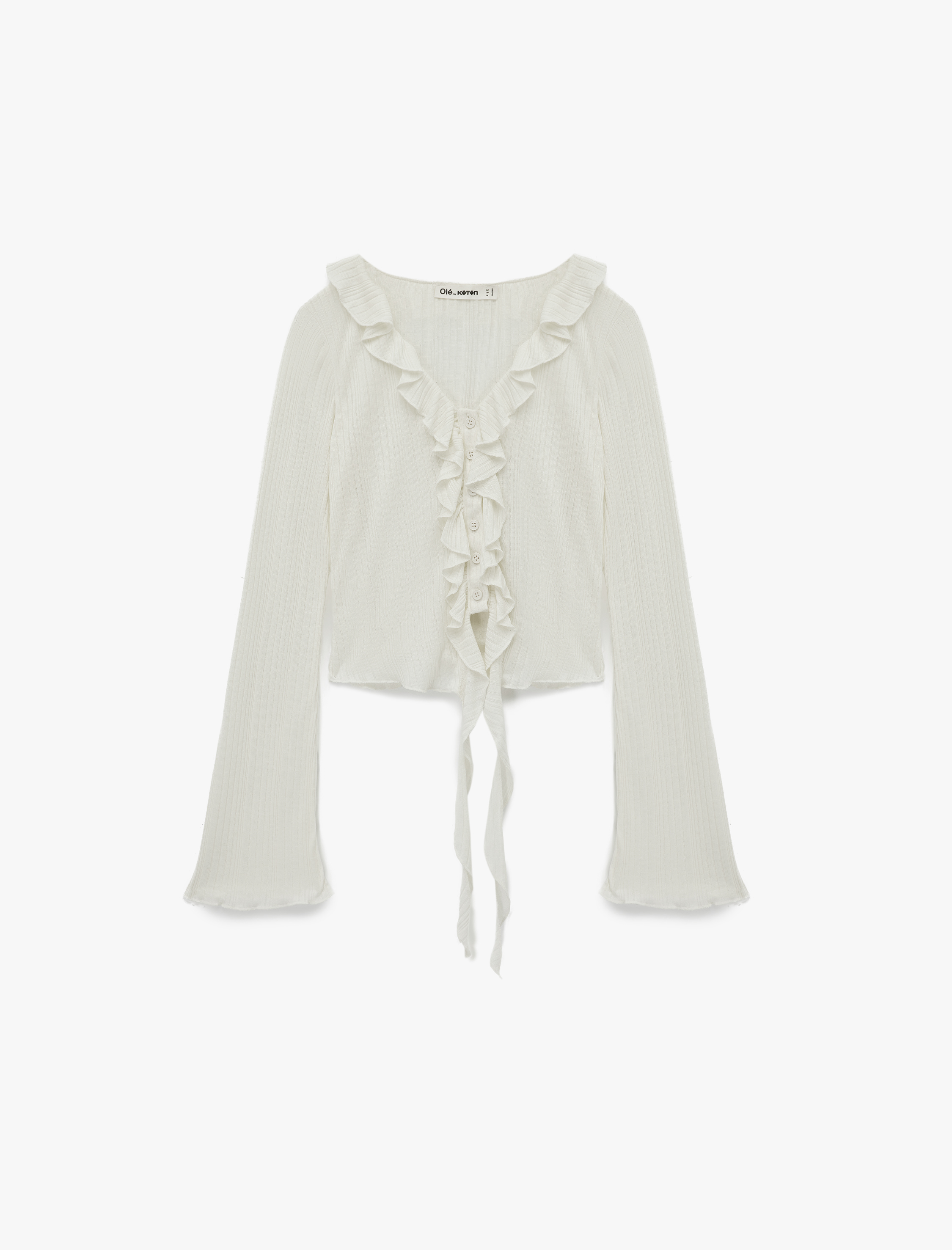   Viskon Karışımlı Fırfır Detaylı Düğmeli V Yaka Slim Fit Uzun Kollu Tişört