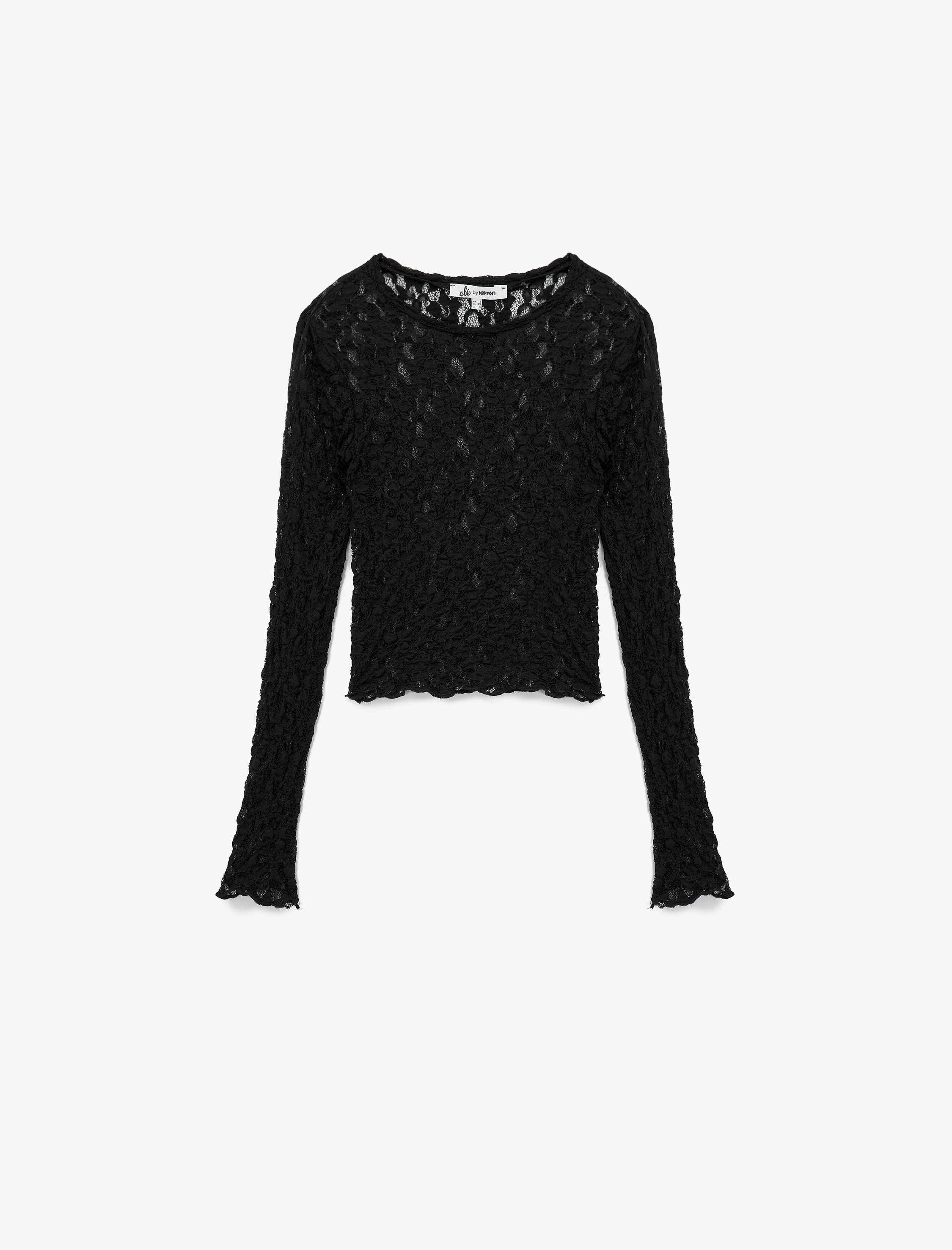   Slim Fit Uzun Kollu Bisiklet Yaka Dantel Bluz