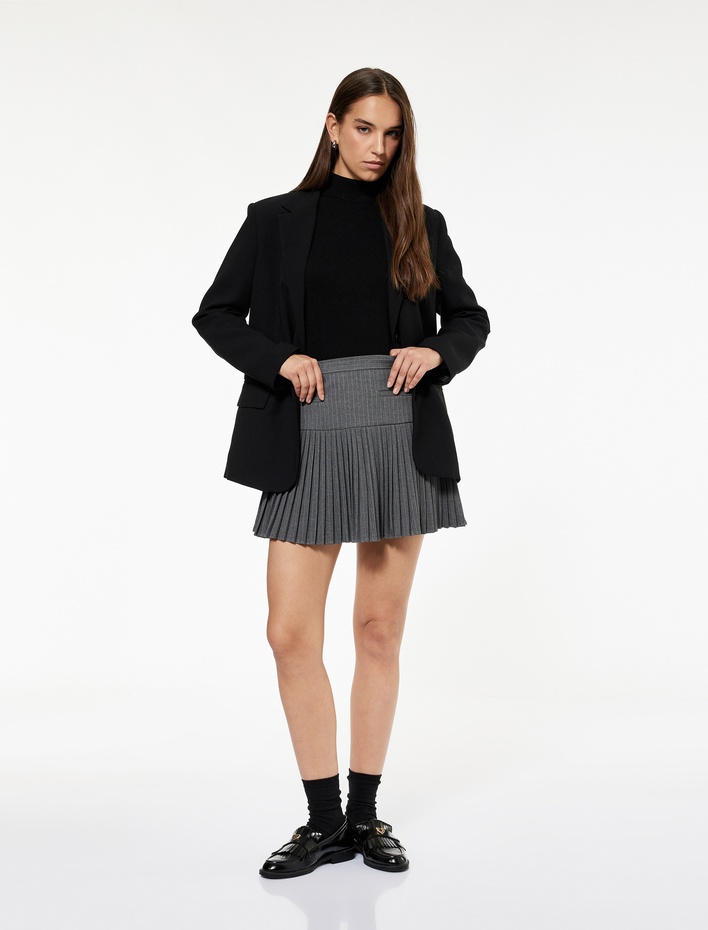  Viskon Karışımlı Cep Detaylı Çizgili Pileli Mini Etek