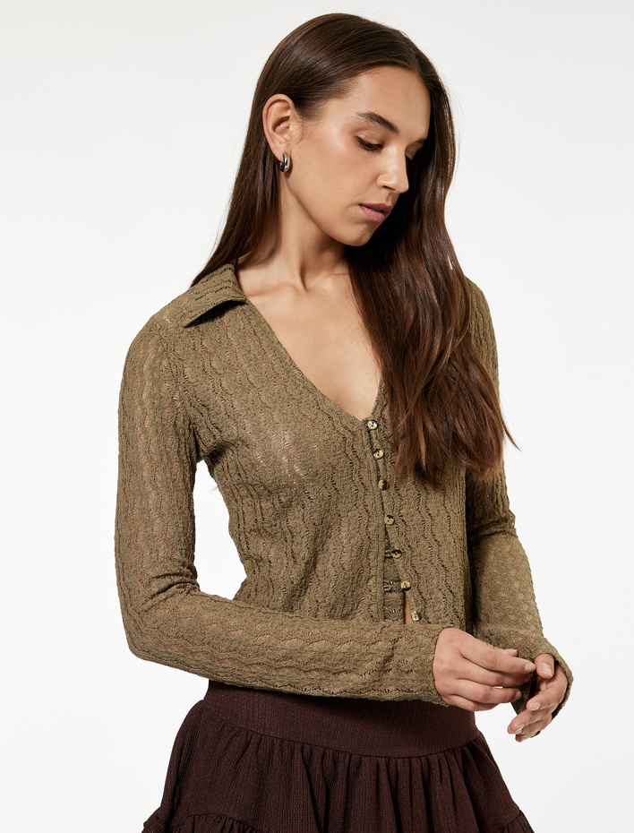  Ajurlu Düğmeli Uzun Kollu Polo Yaka Tişört