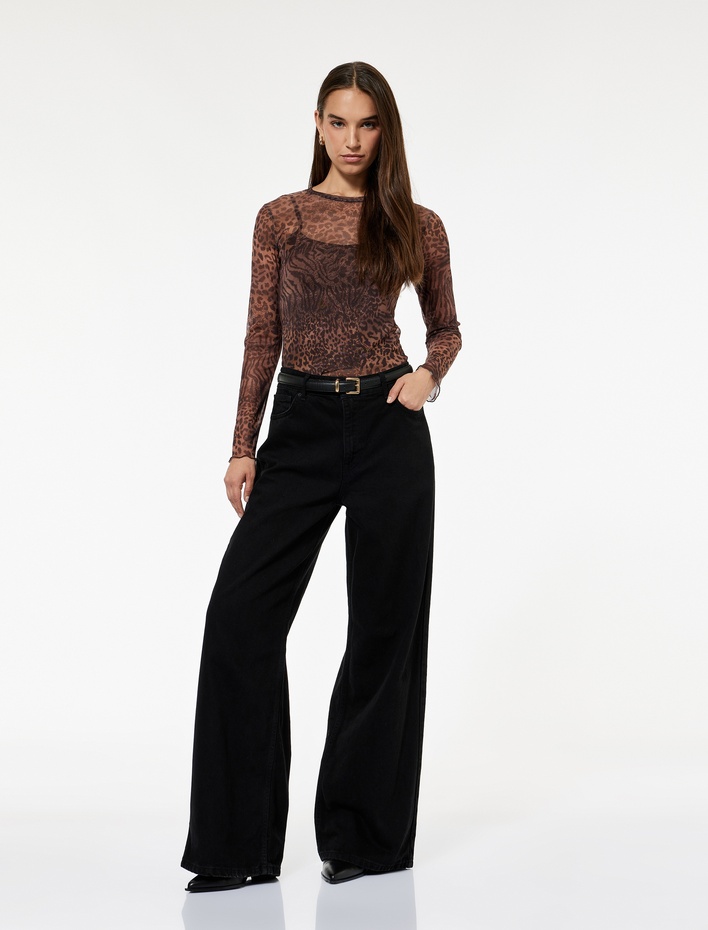  Slim Fit Uzun Kollu Leopar Baskılı Tül Tişört