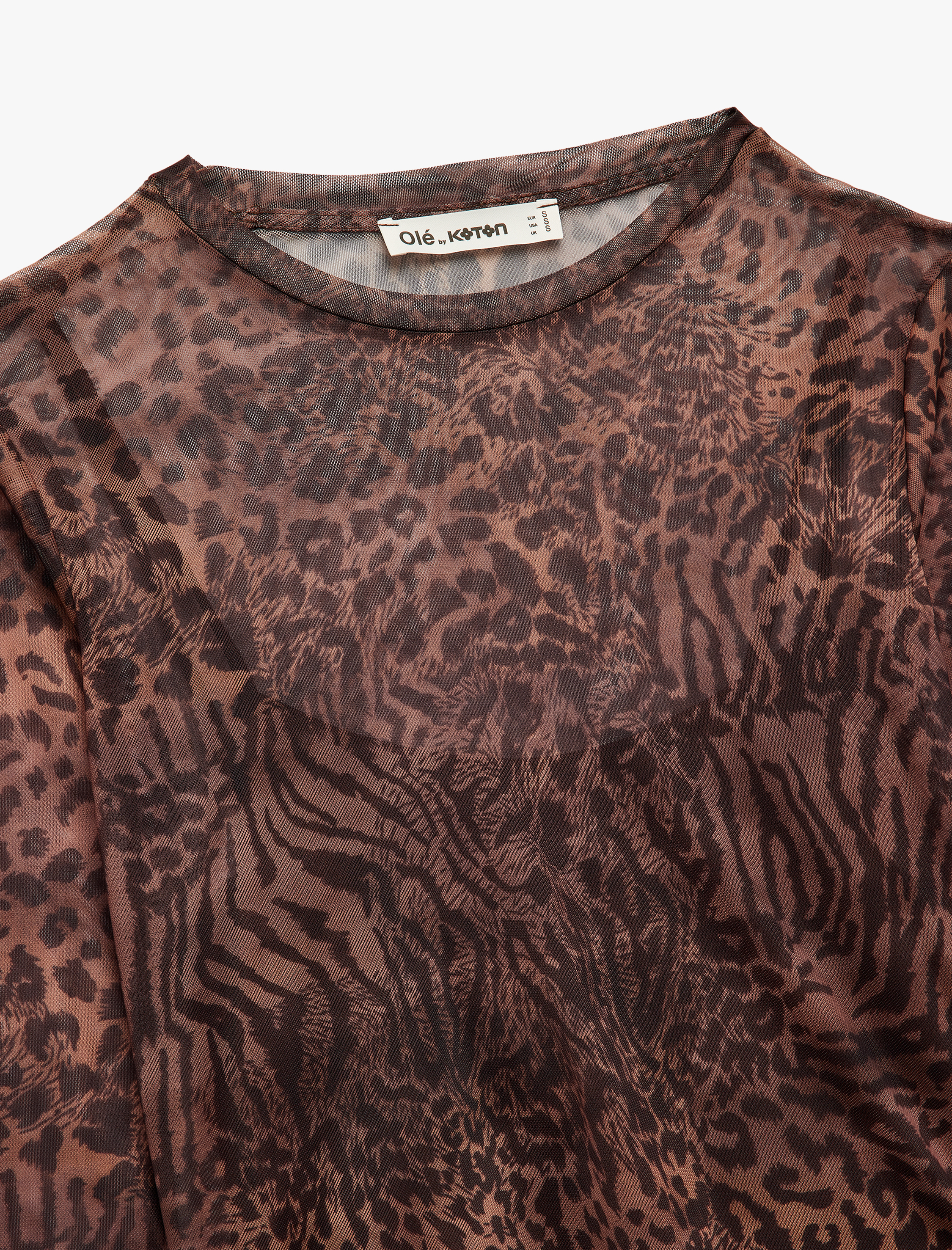   Slim Fit Uzun Kollu Leopar Baskılı Tül Tişört