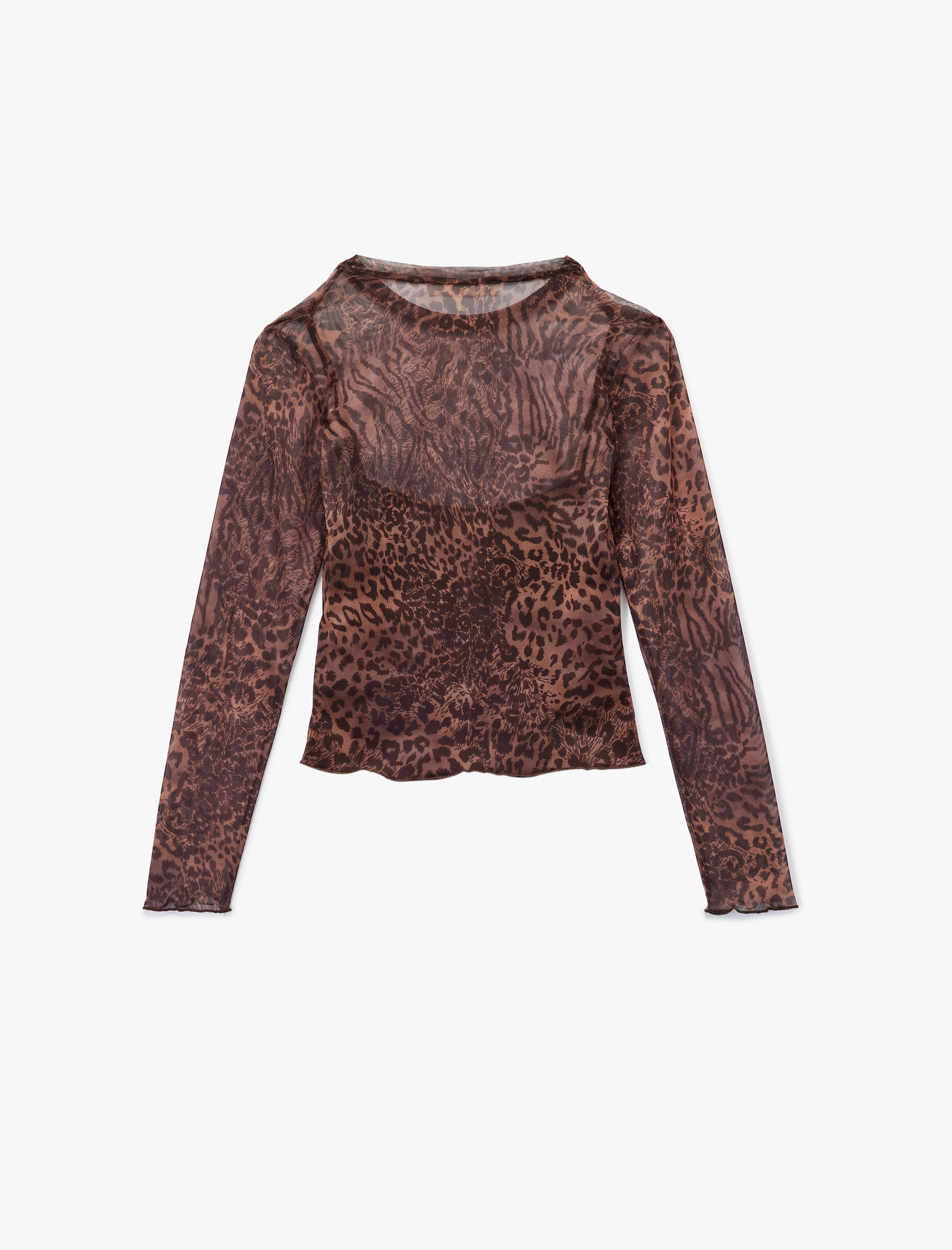   Slim Fit Uzun Kollu Leopar Baskılı Tül Tişört