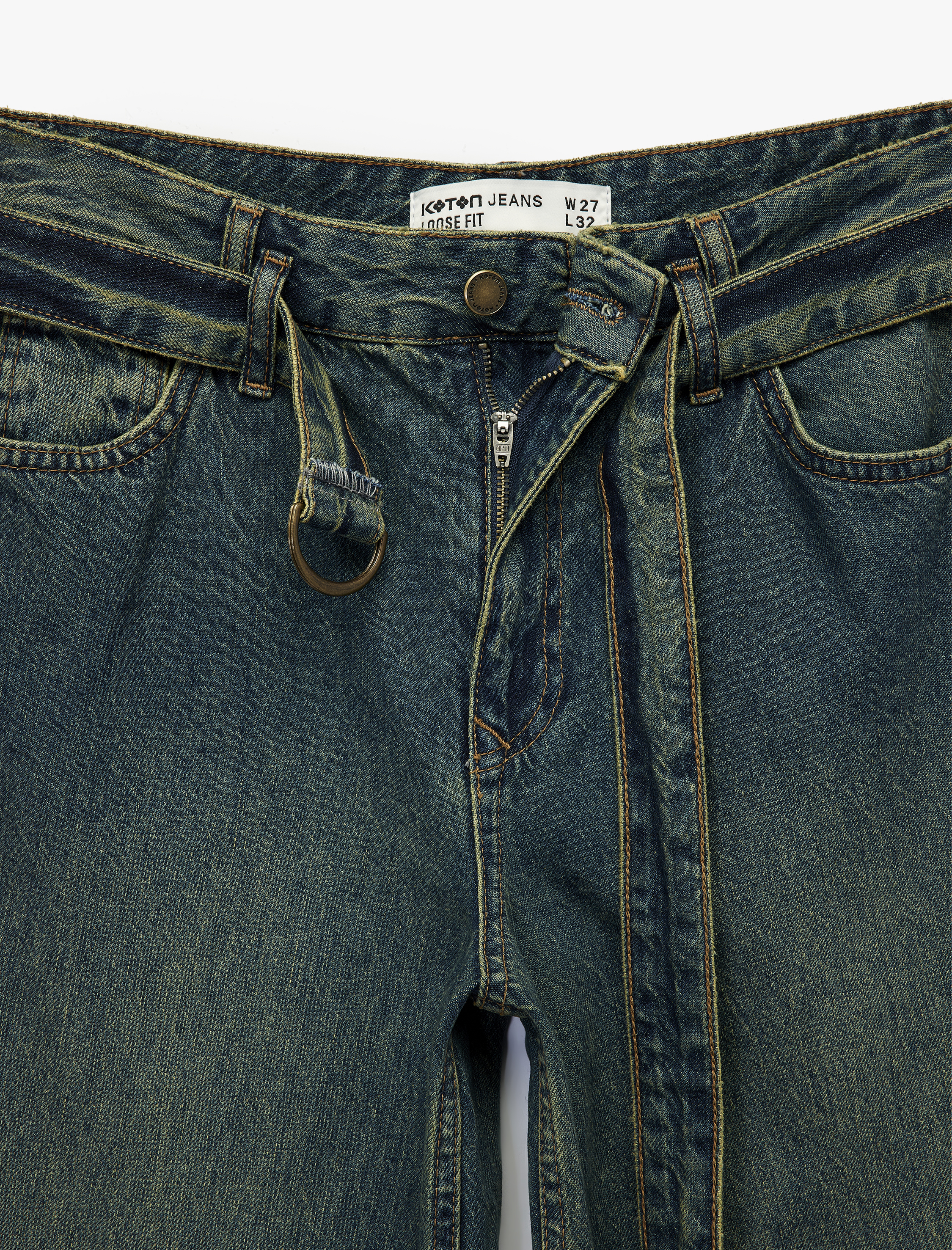   Pamuklu Normal Bel Kemerli Uzun Bol Paça Jean Pantolon - Loose Straight Fit Jean