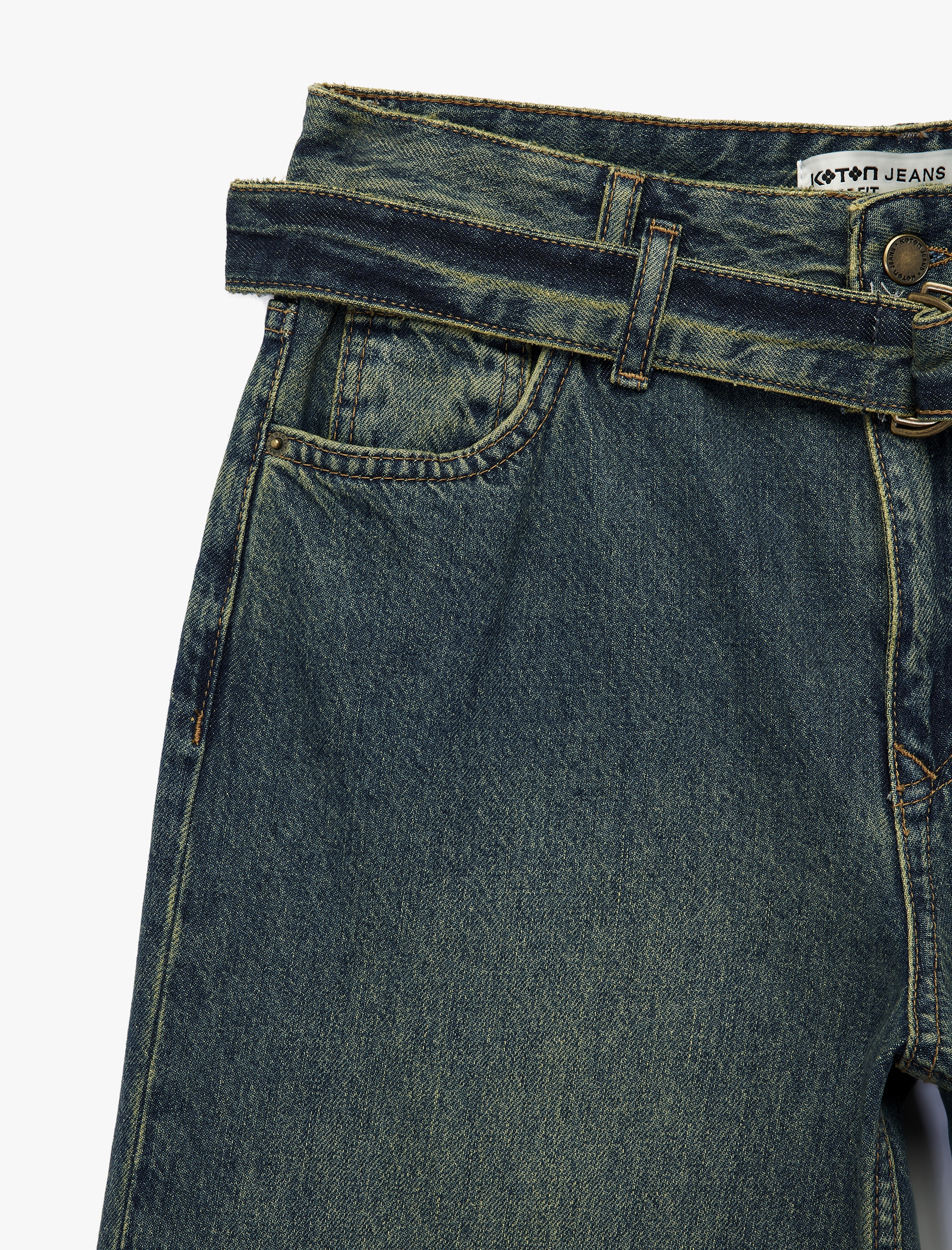   Pamuklu Normal Bel Kemerli Uzun Bol Paça Jean Pantolon - Loose Straight Fit Jean