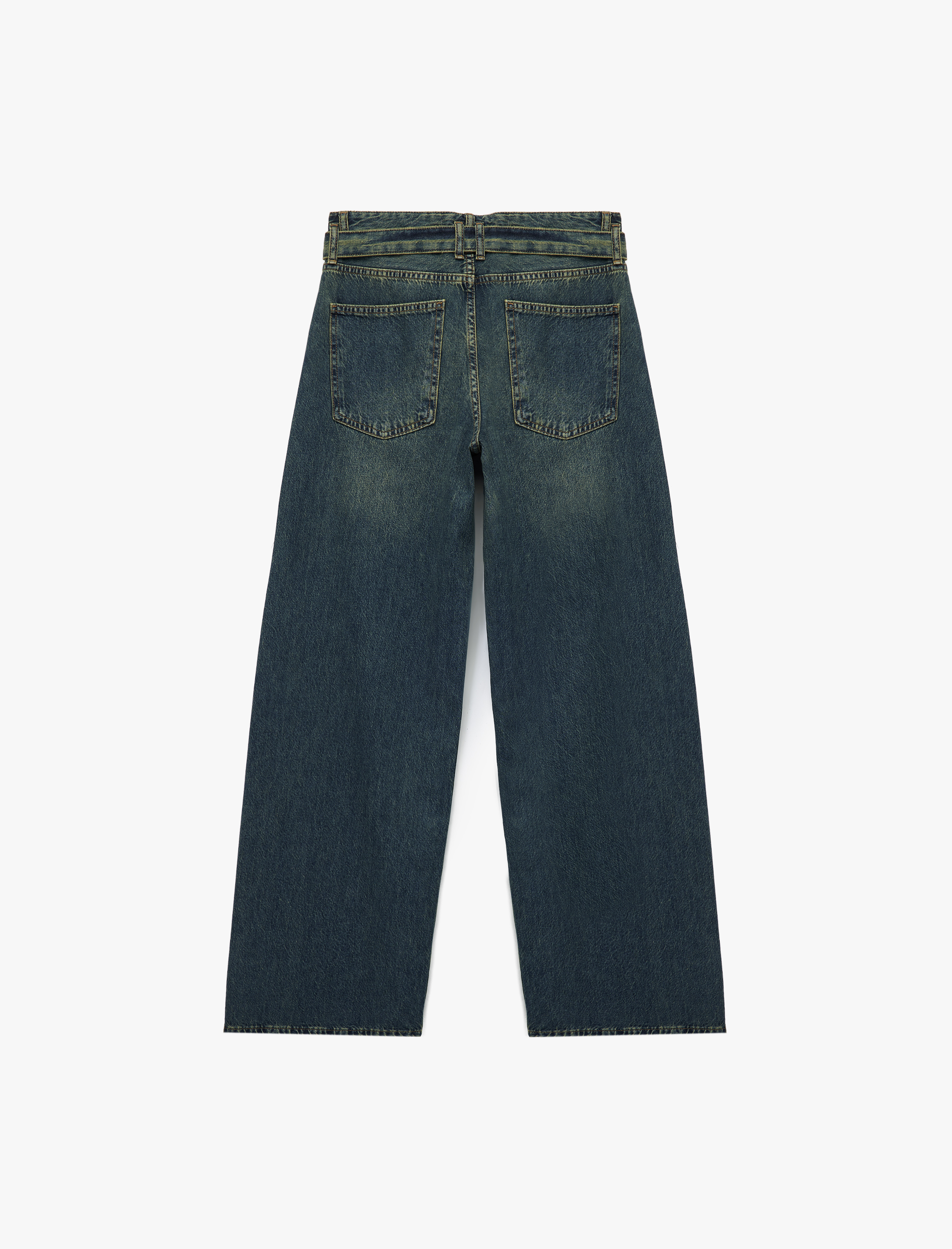   Pamuklu Normal Bel Kemerli Uzun Bol Paça Jean Pantolon - Loose Straight Fit Jean
